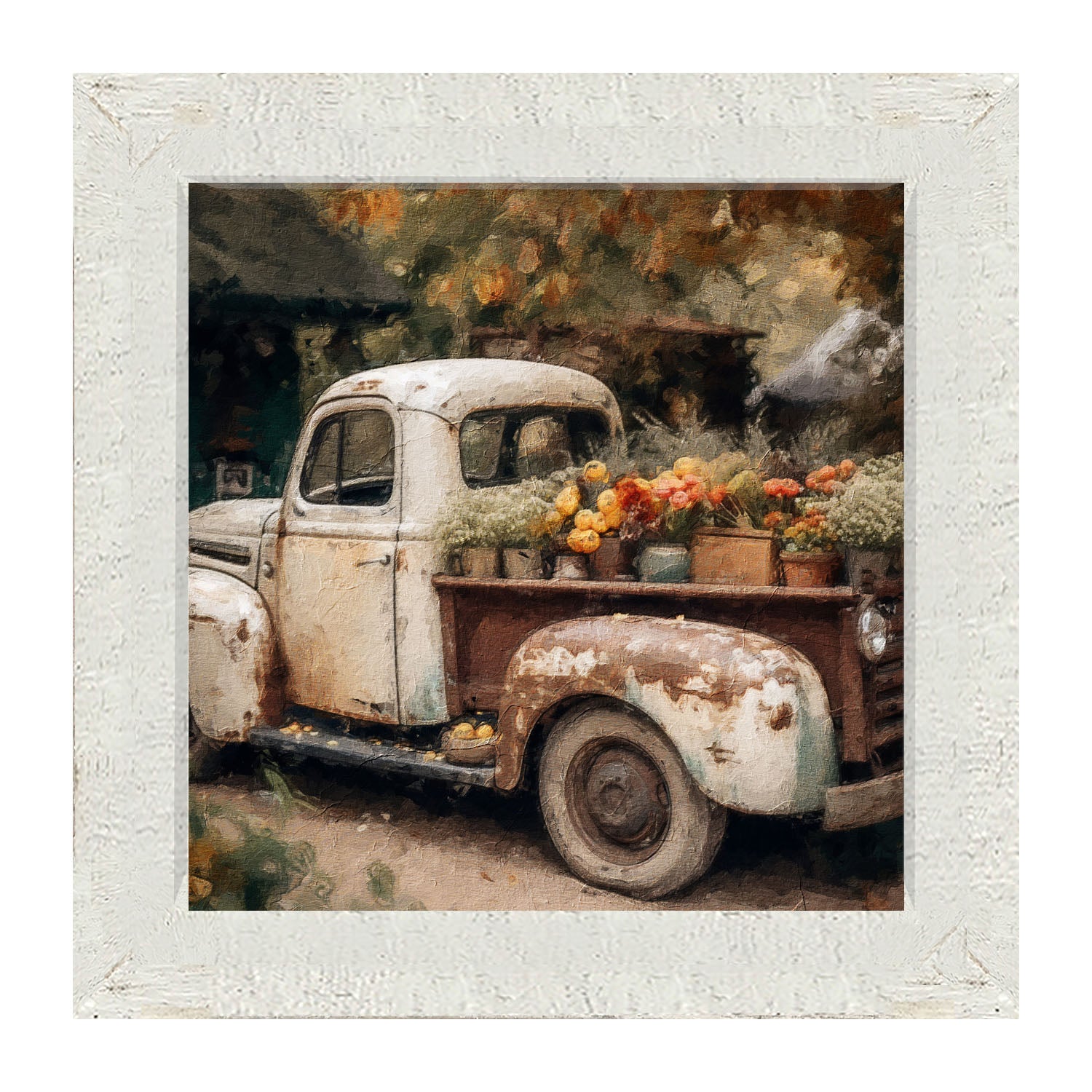 White Truck with Flowers - Framed Art