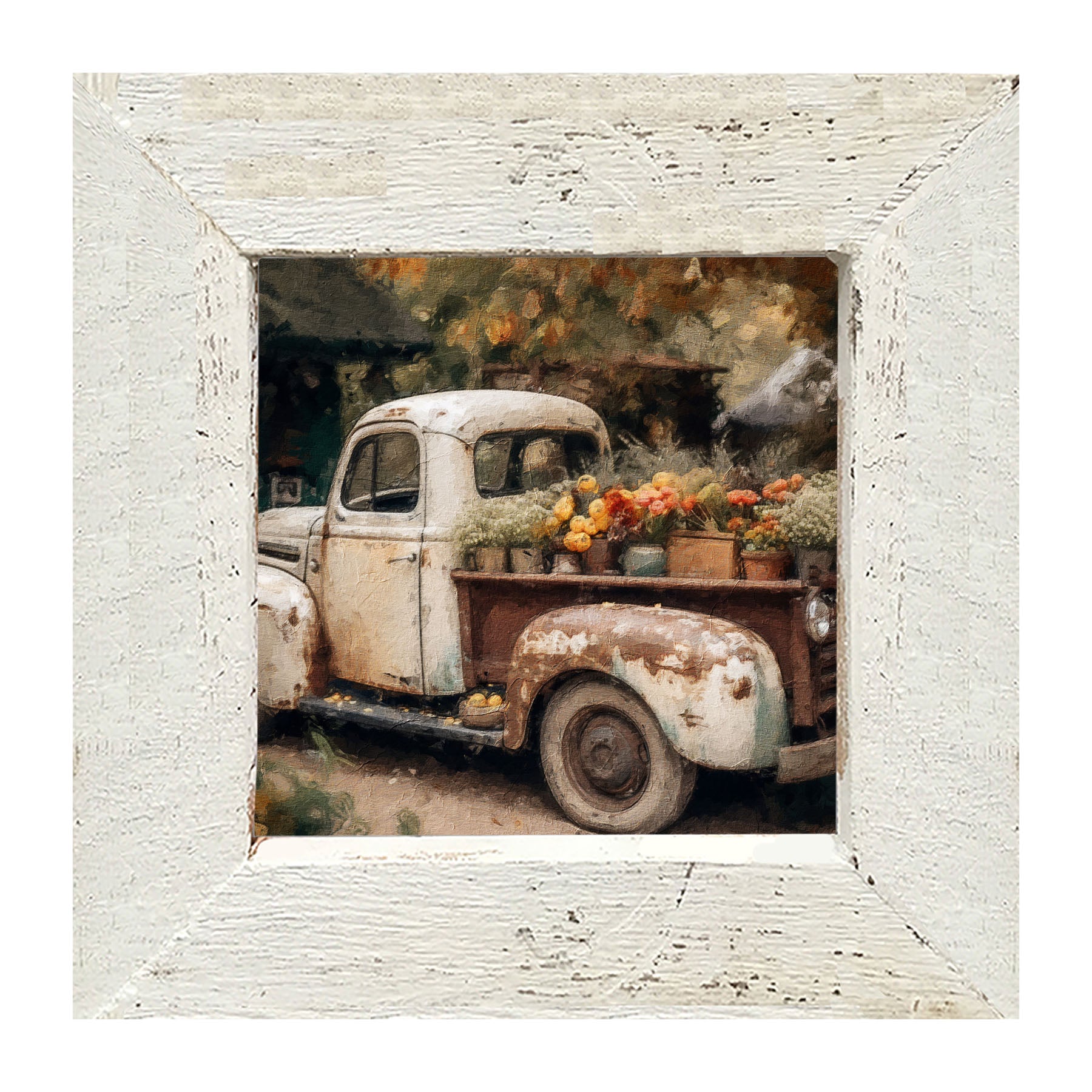 White Truck with Flowers - Framed Art