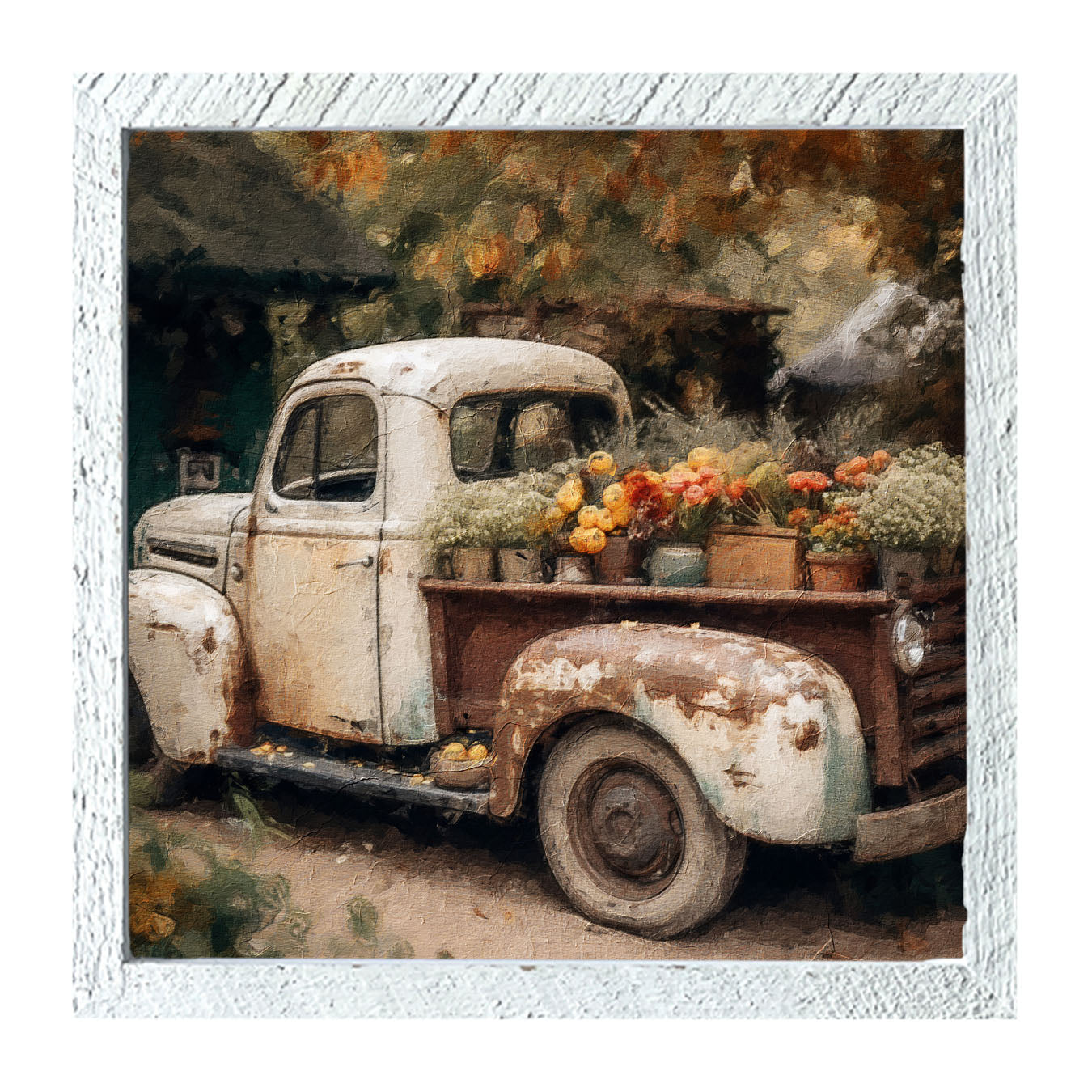 White Truck with Flowers - Framed Art