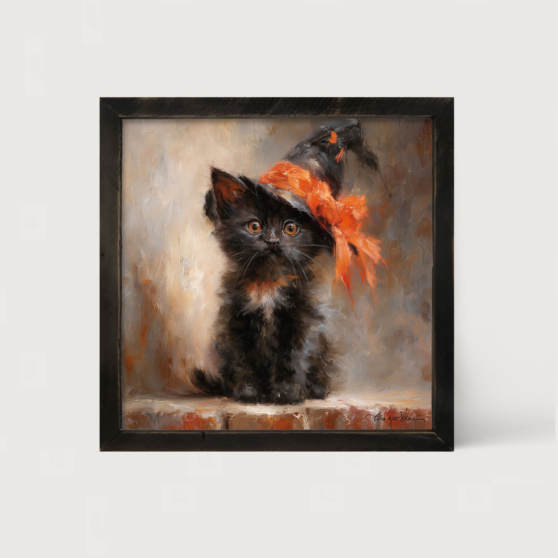 Black Kitten with Witch Hat - Framed Art