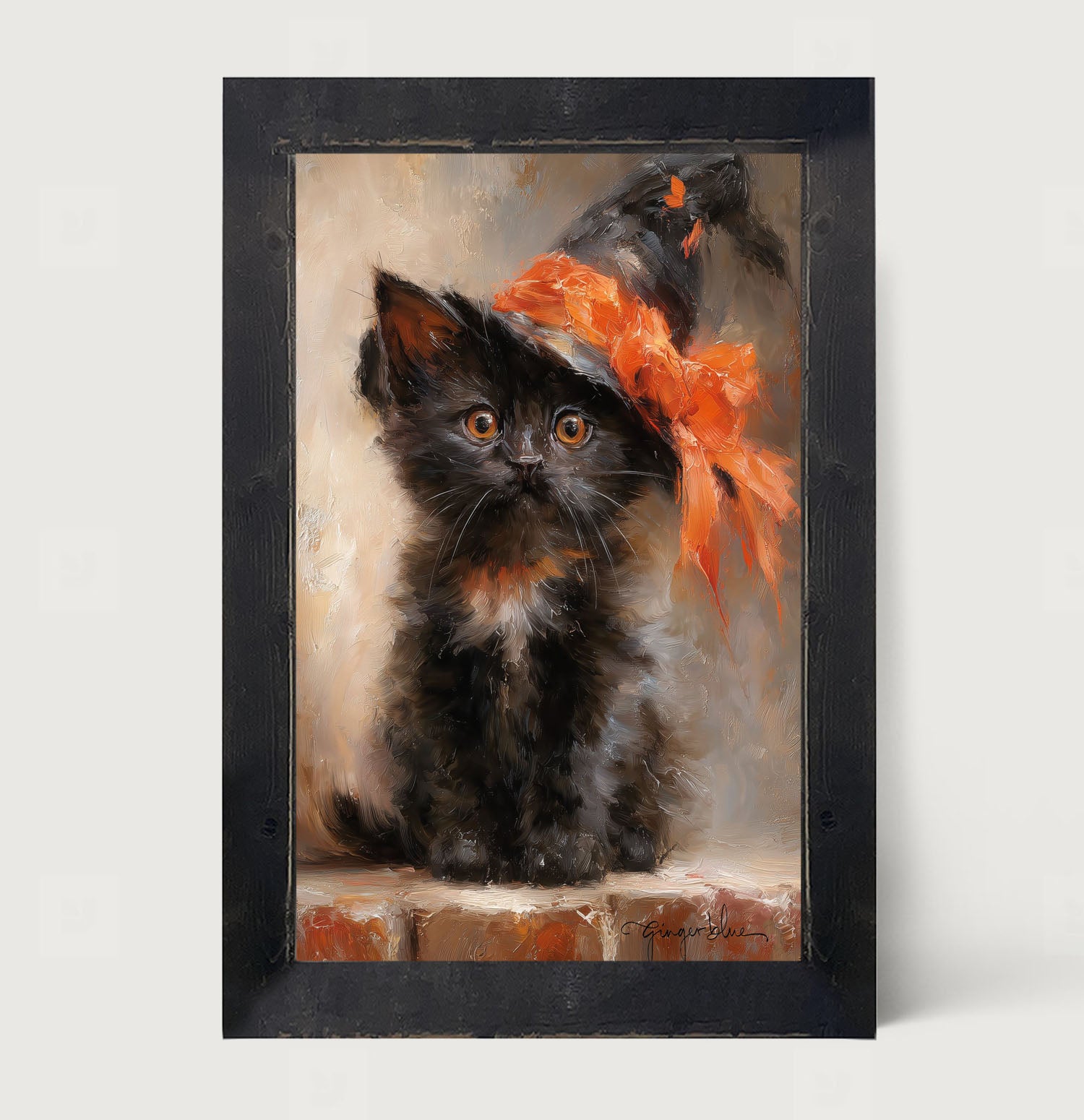 Black Kitten with Witch Hat - Framed Art