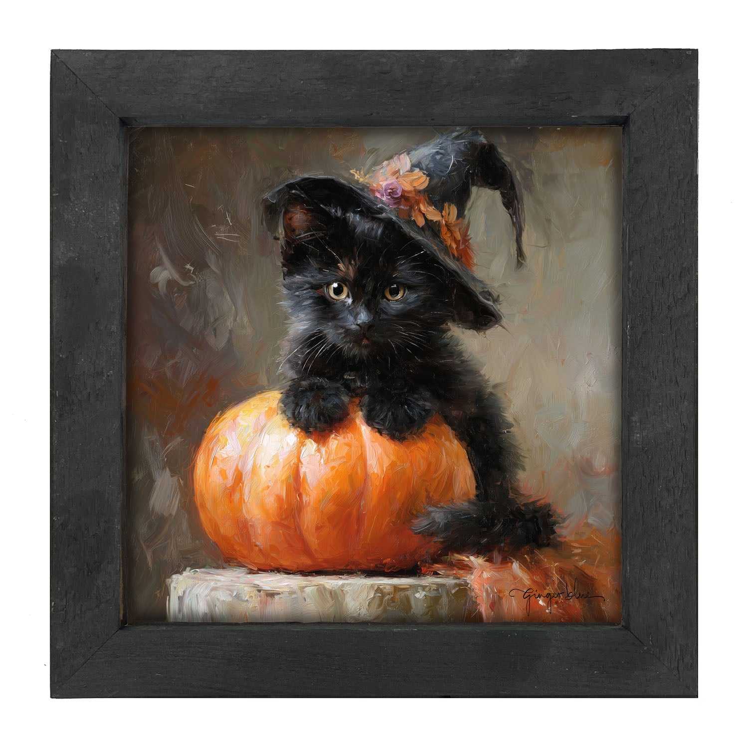 Black Kitten with Pumpkin - Framed Art