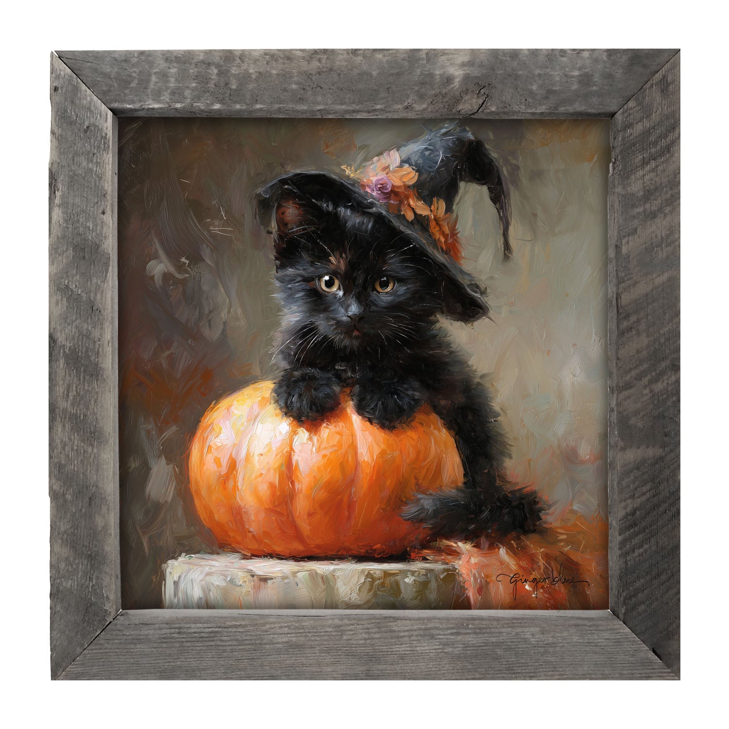 Black Kitten with Pumpkin - Framed Art