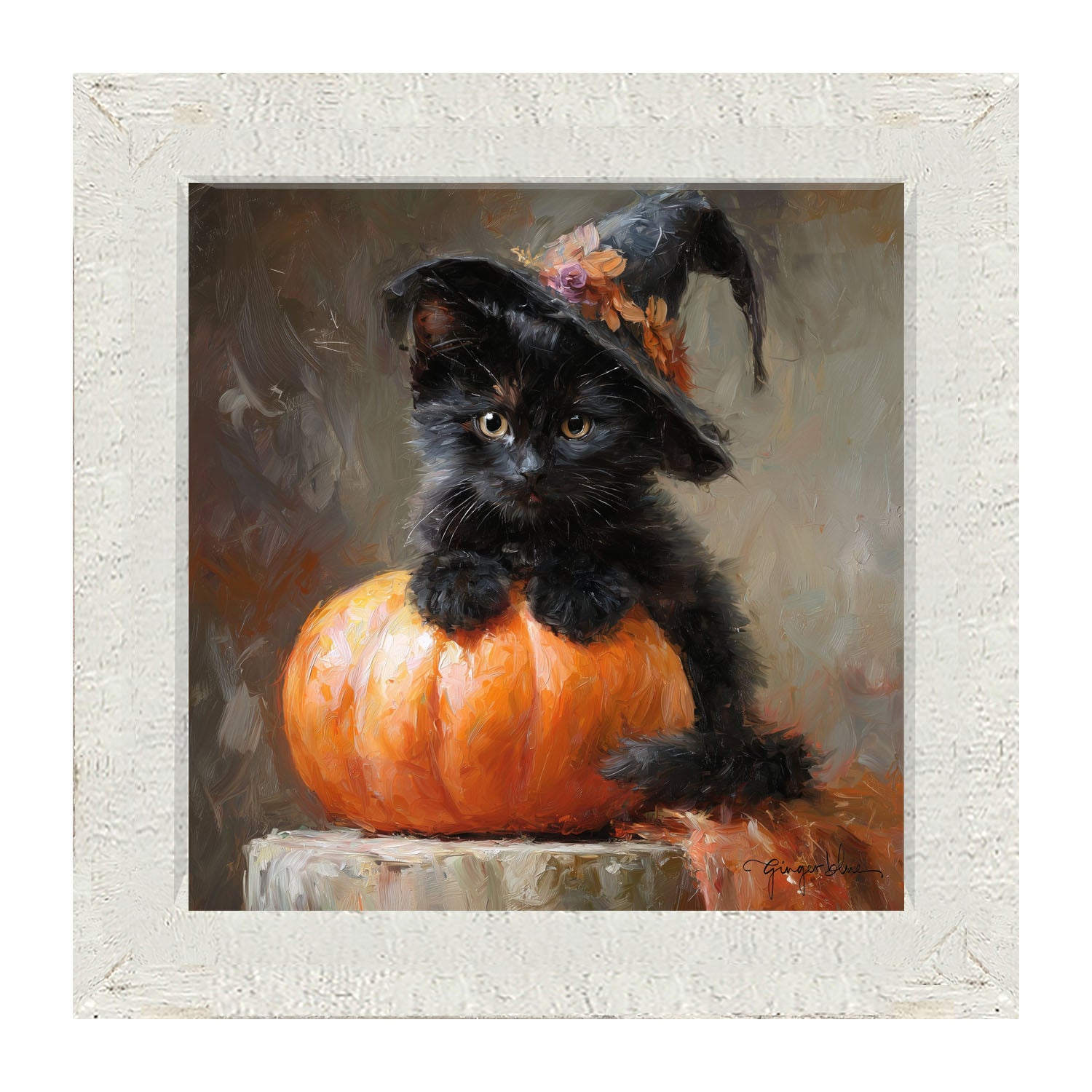Black Kitten with Pumpkin - Framed Art