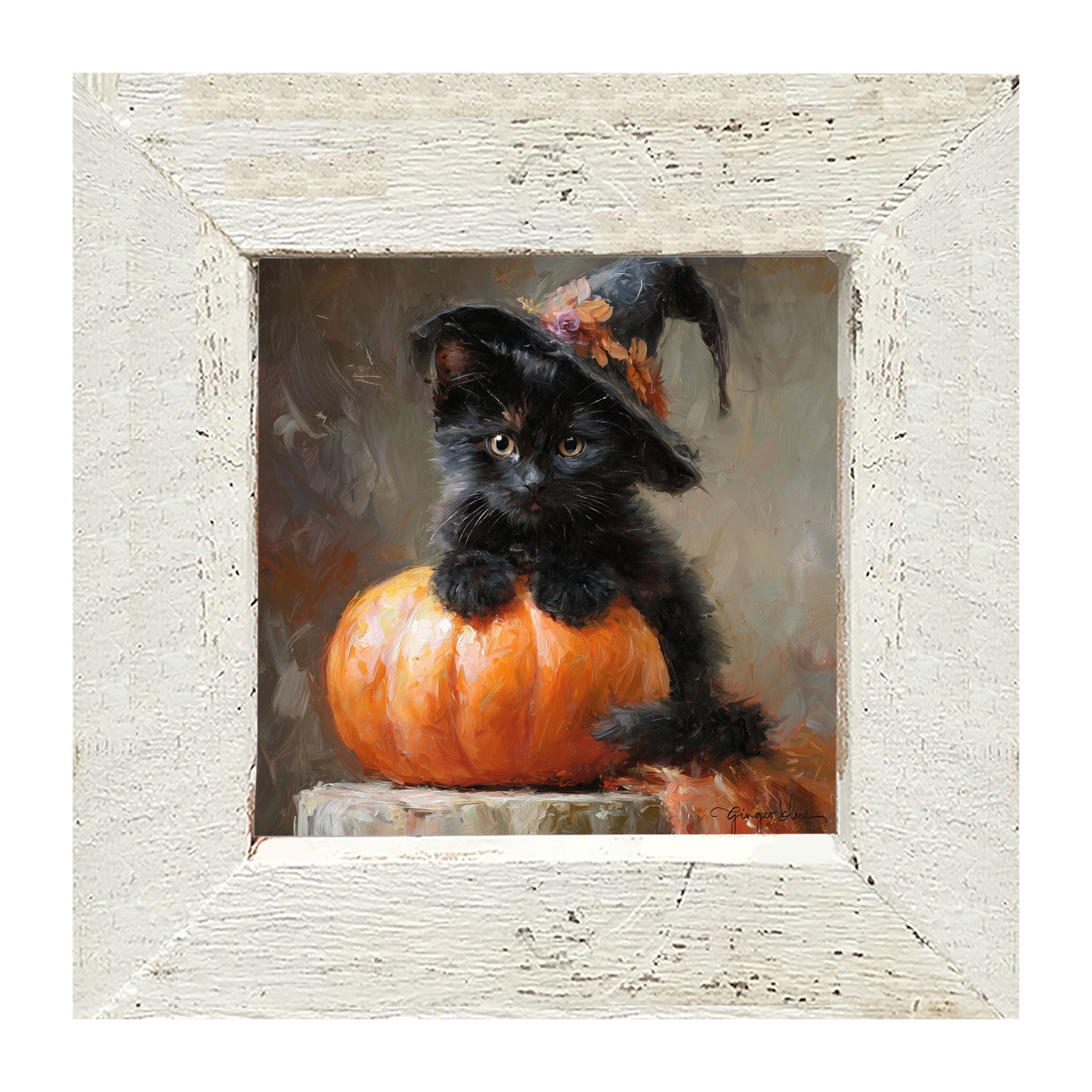 Black Kitten with Pumpkin - Framed Art