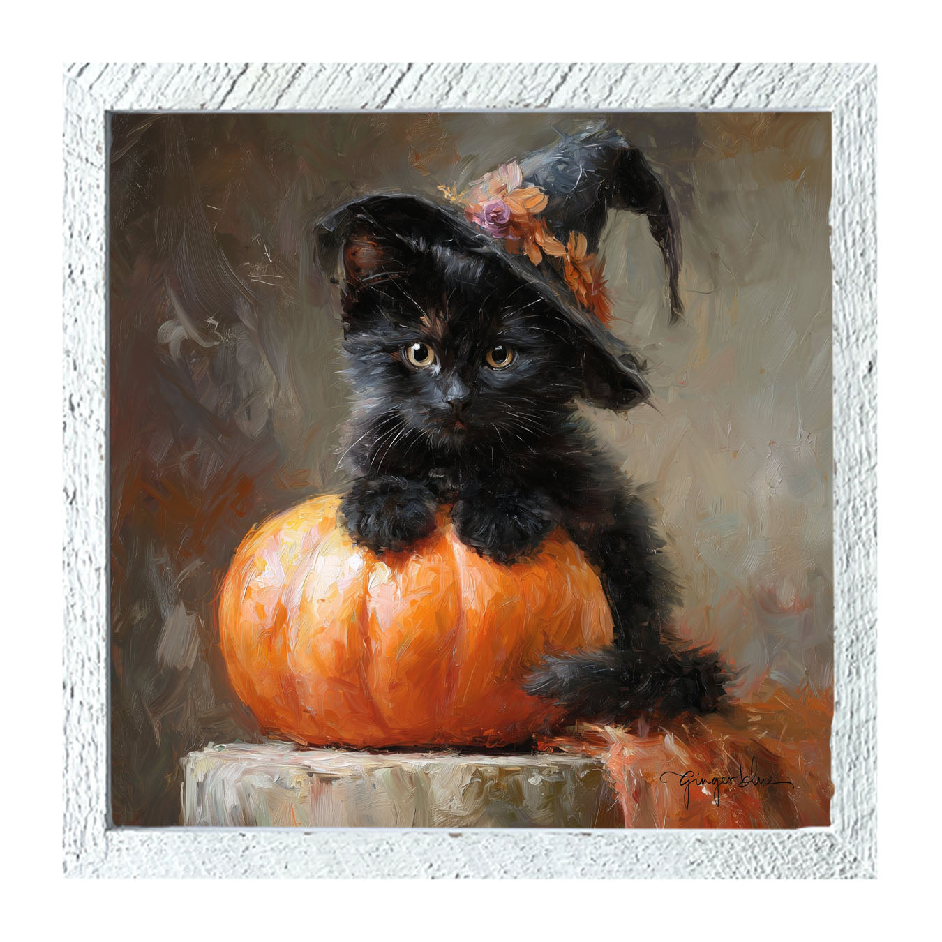 Black Kitten with Pumpkin - Framed Art