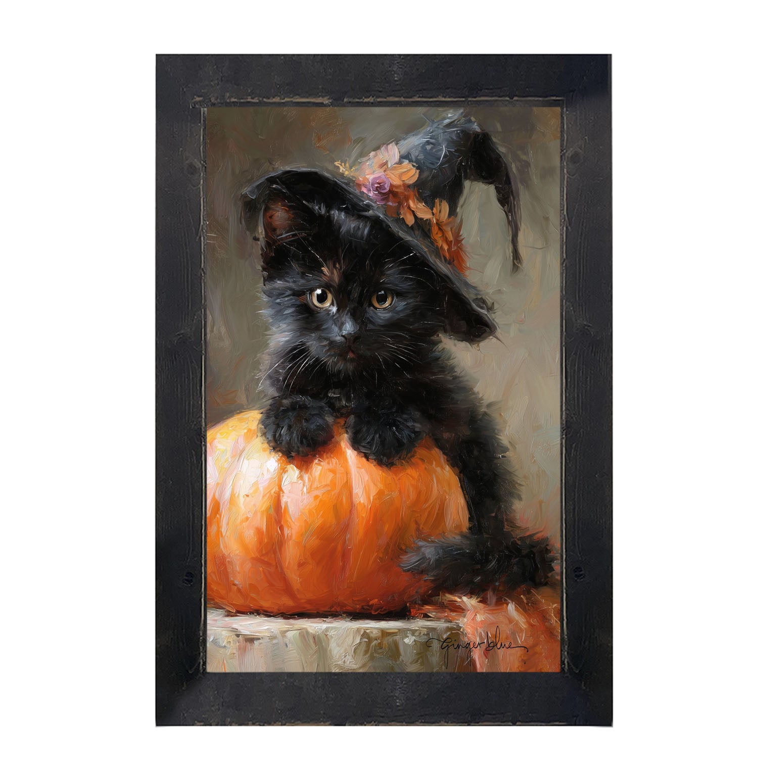 Black Kitten with Pumpkin - Framed Art