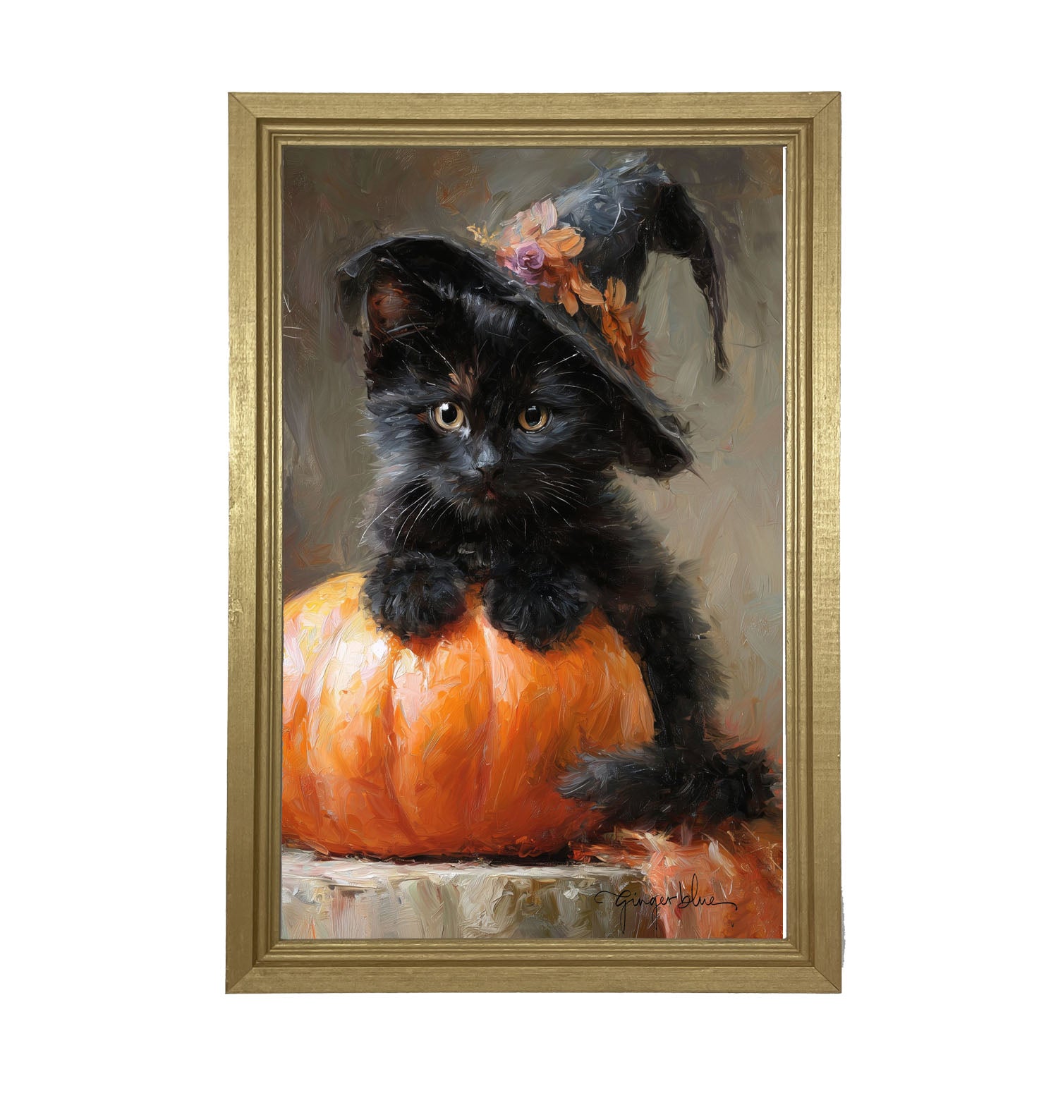 Black Kitten with Pumpkin - Framed Art