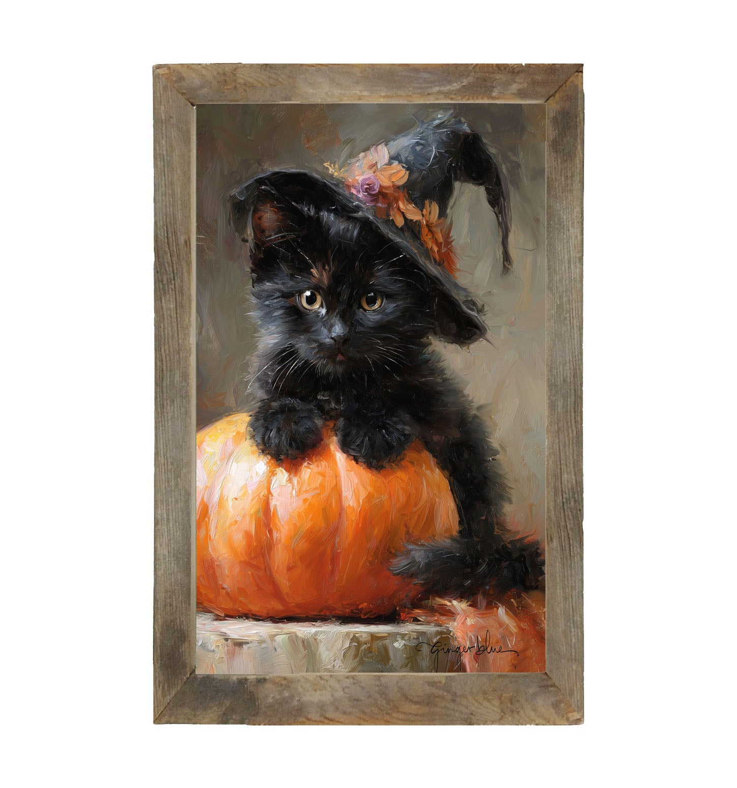 Black Kitten with Pumpkin - Framed Art