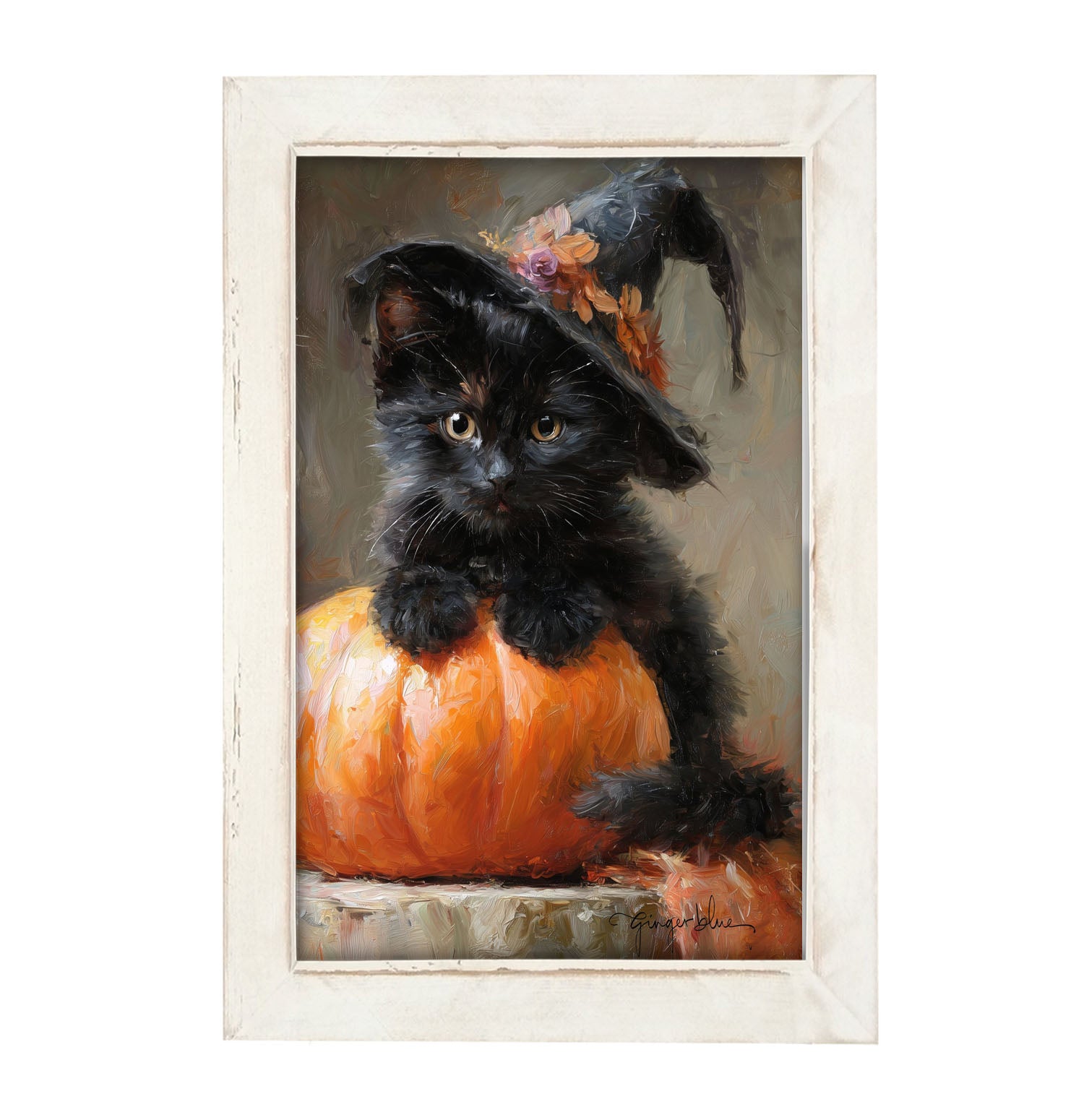 Black Kitten with Pumpkin - Framed Art