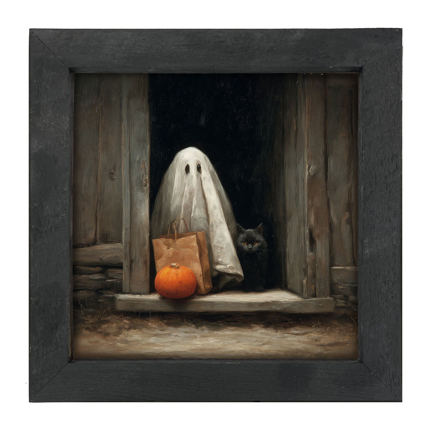 Ghost with Black Cat Trick or Treating - Framed Art