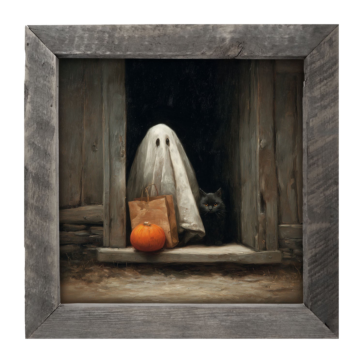 Ghost with Black Cat Trick or Treating - Framed Art