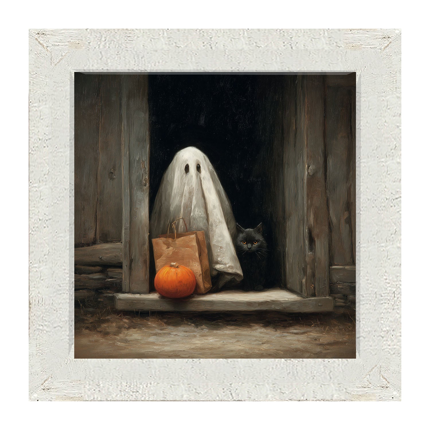Ghost with Black Cat Trick or Treating - Framed Art