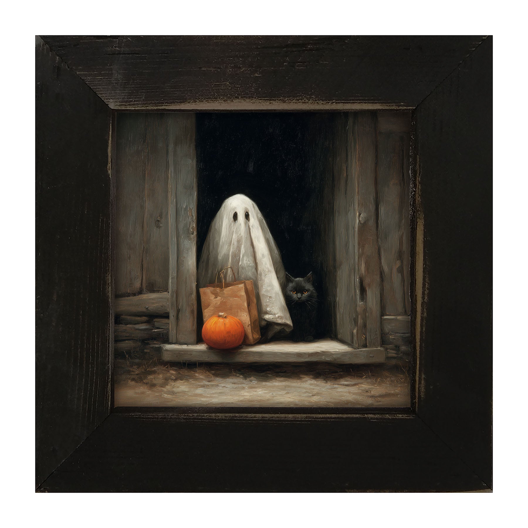 Ghost with Black Cat Trick or Treating - Framed Art