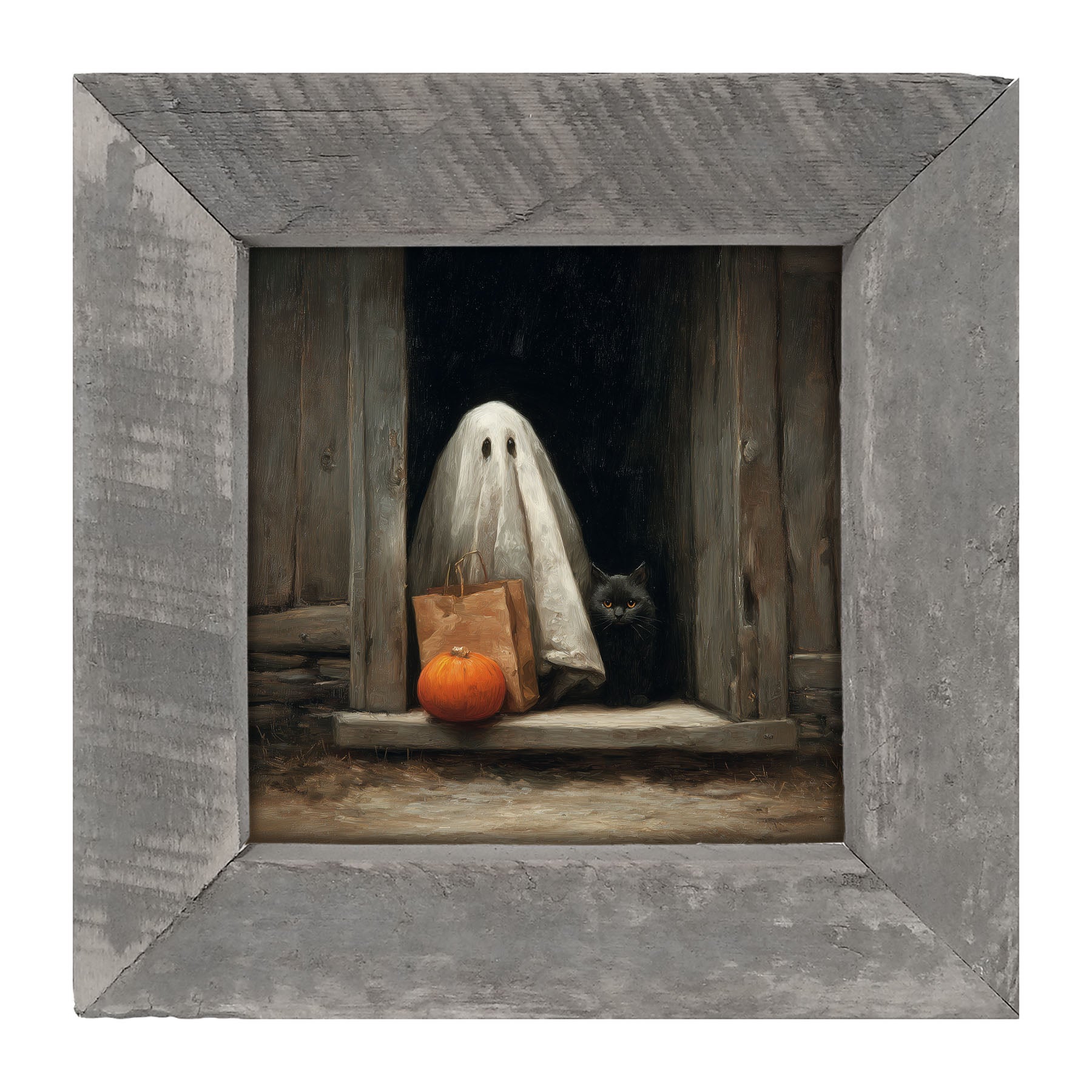 Ghost with Black Cat Trick or Treating - Framed Art