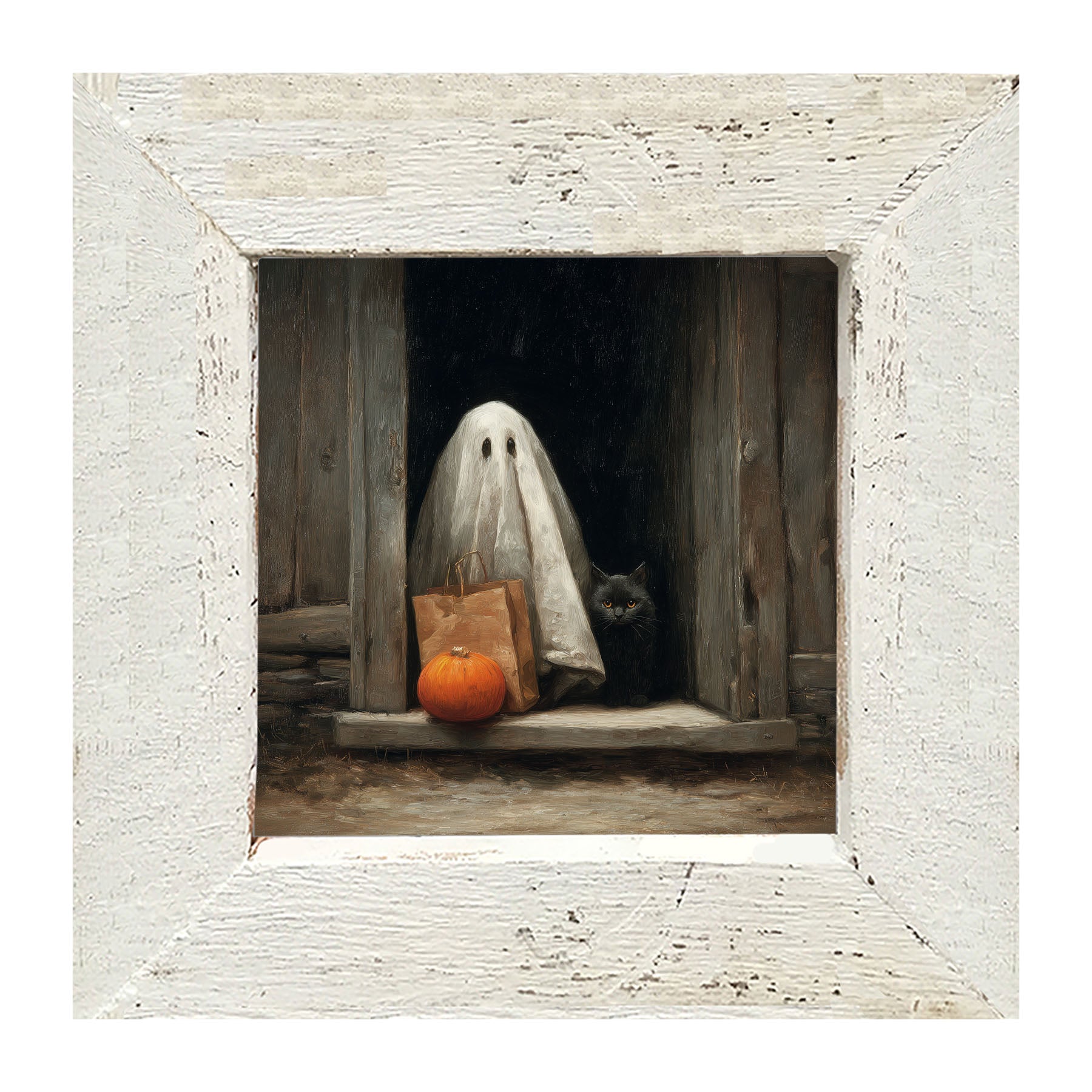 Ghost with Black Cat Trick or Treating - Framed Art
