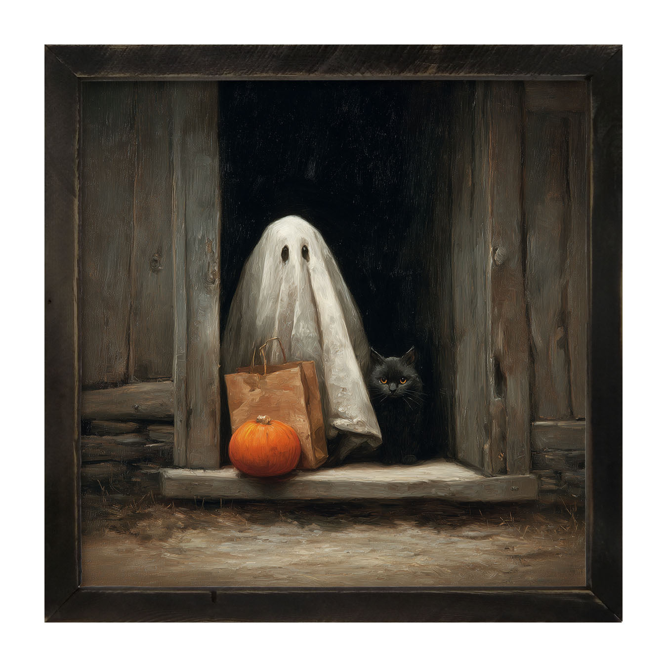 Ghost with Black Cat Trick or Treating - Framed Art