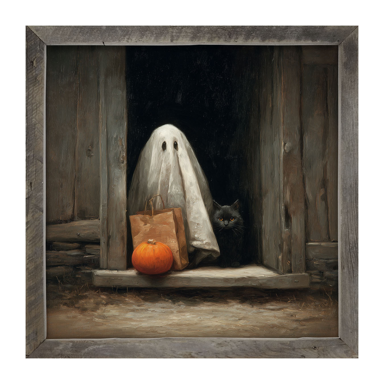 Ghost with Black Cat Trick or Treating - Framed Art