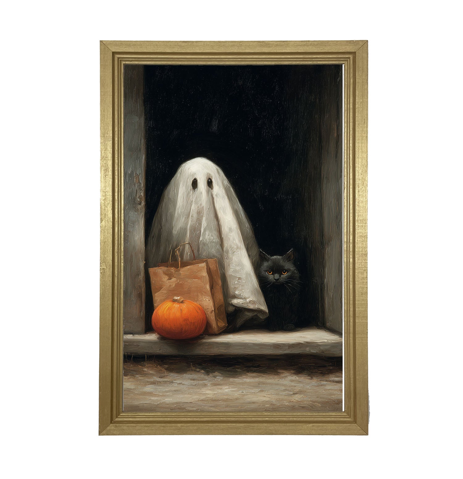 Ghost with Black Cat Trick or Treating - Framed Art