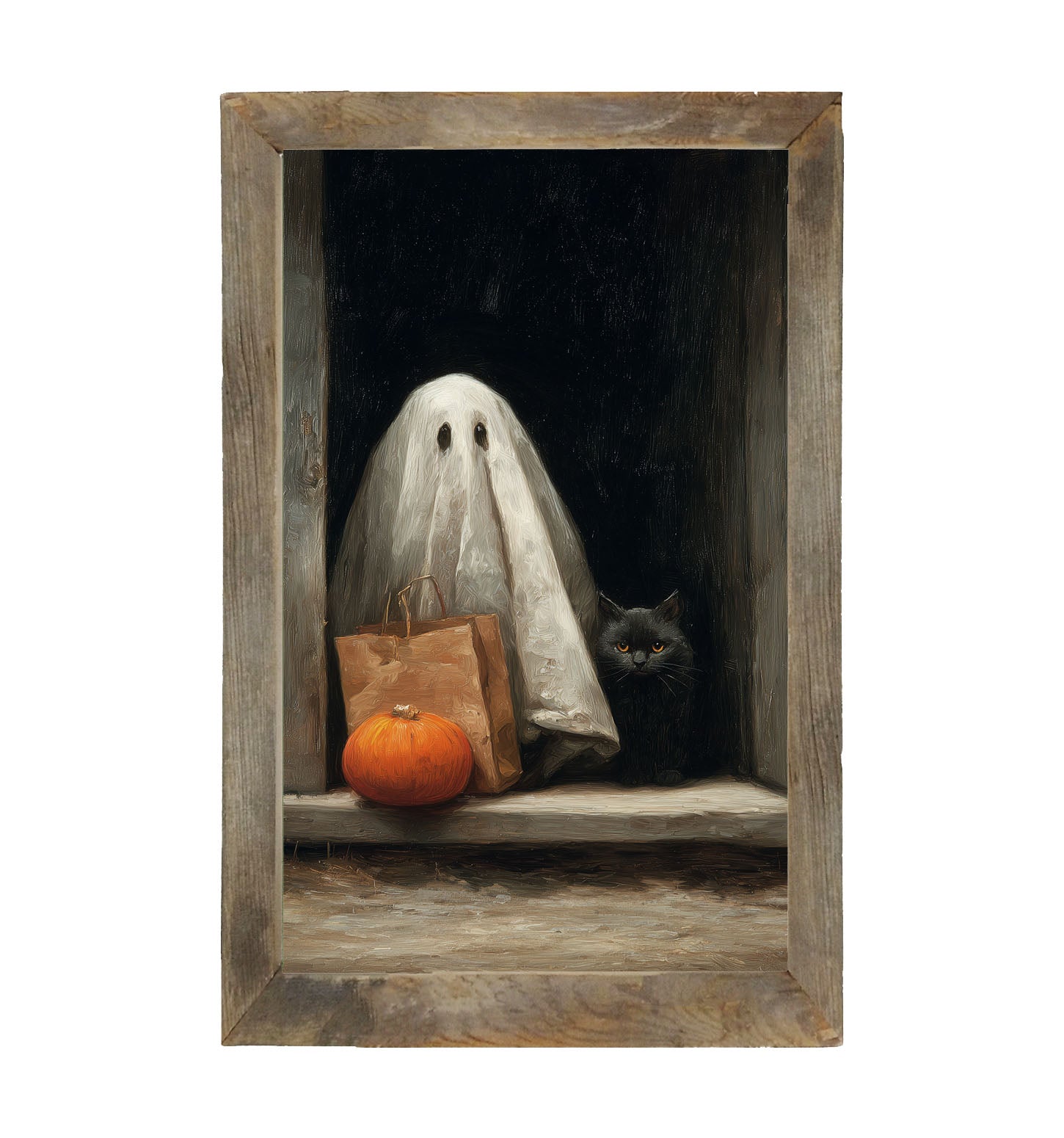Ghost with Black Cat Trick or Treating - Framed Art