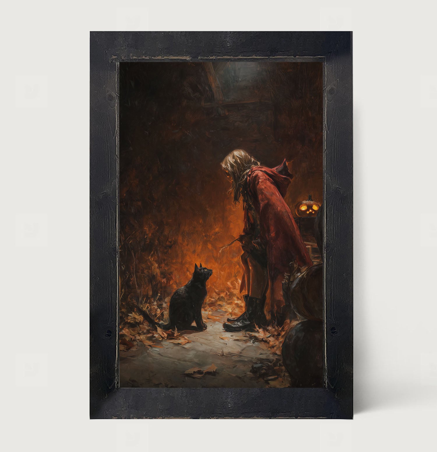 Witch with Black Cat at Night