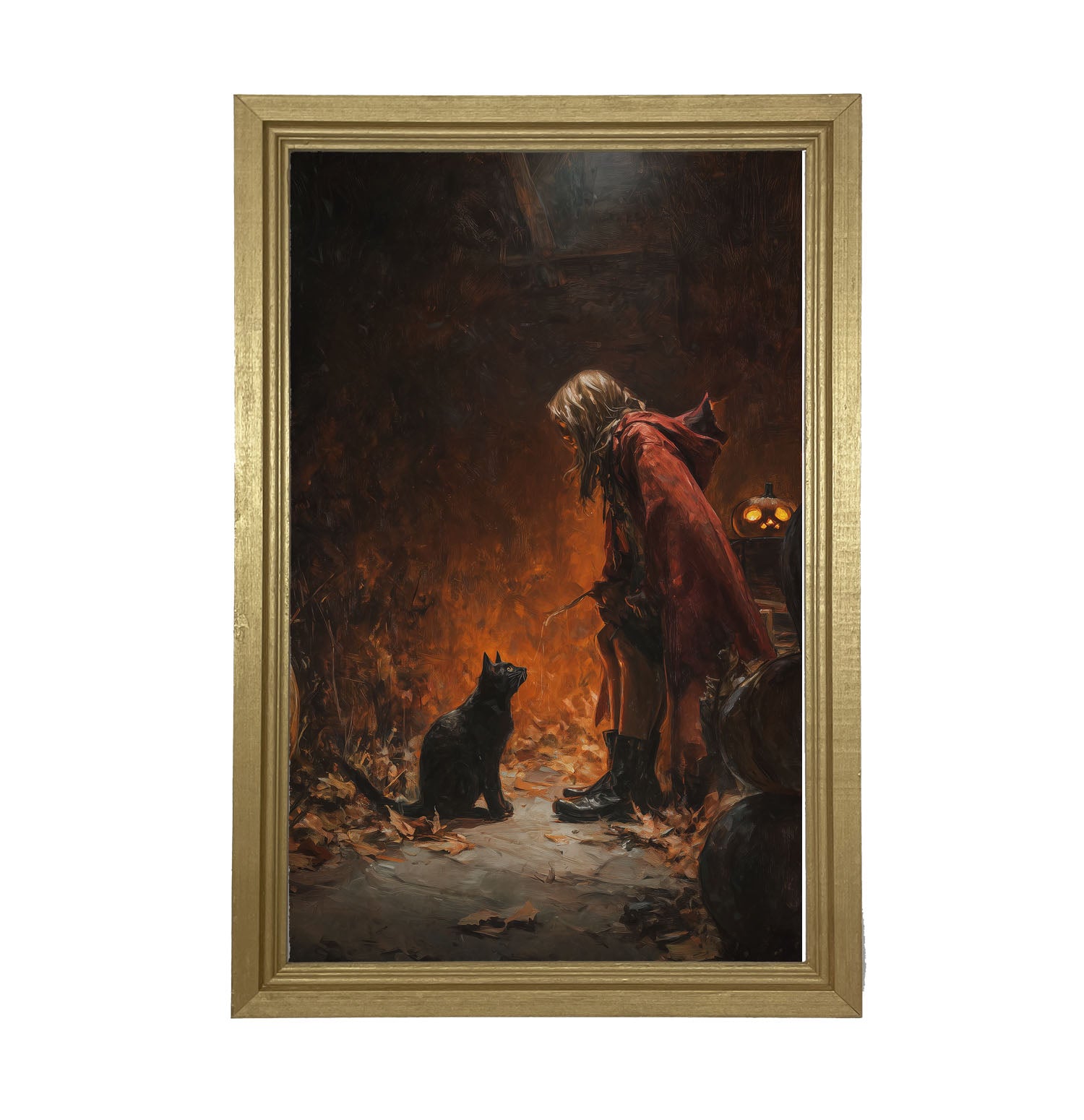Witch with Black Cat at Night - Framed Art
