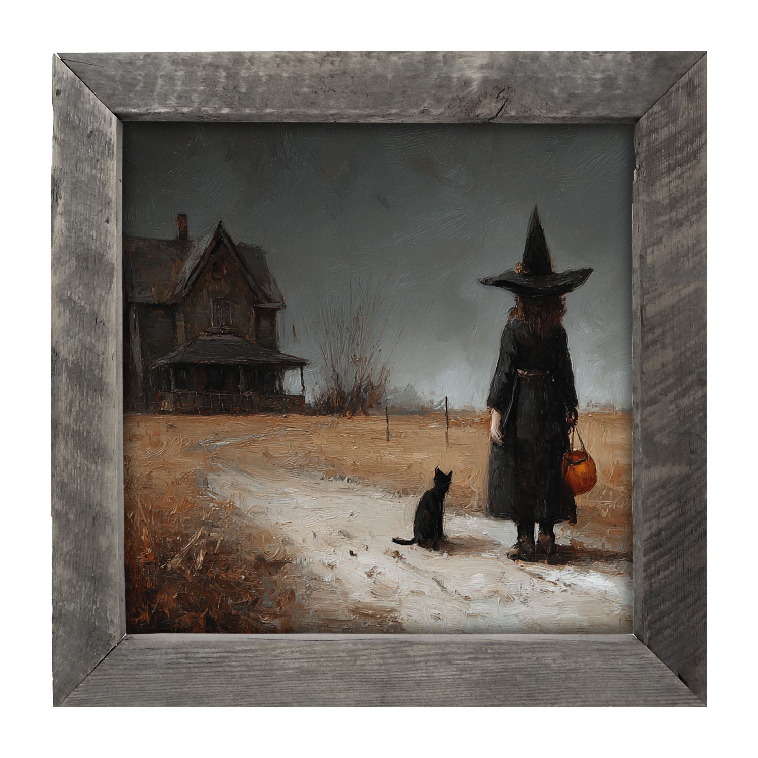 Witch with Black Cat Trick or Treating - Square - Framed Art