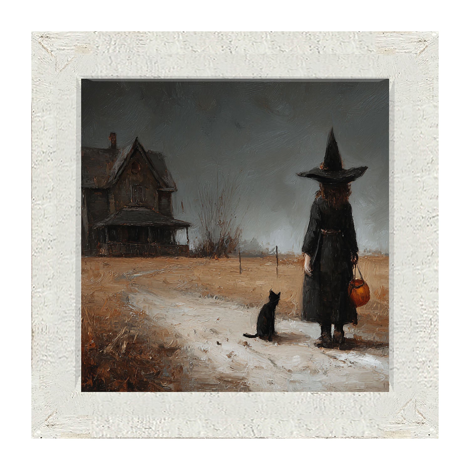 Witch with Black Cat Trick or Treating - Square - Framed Art