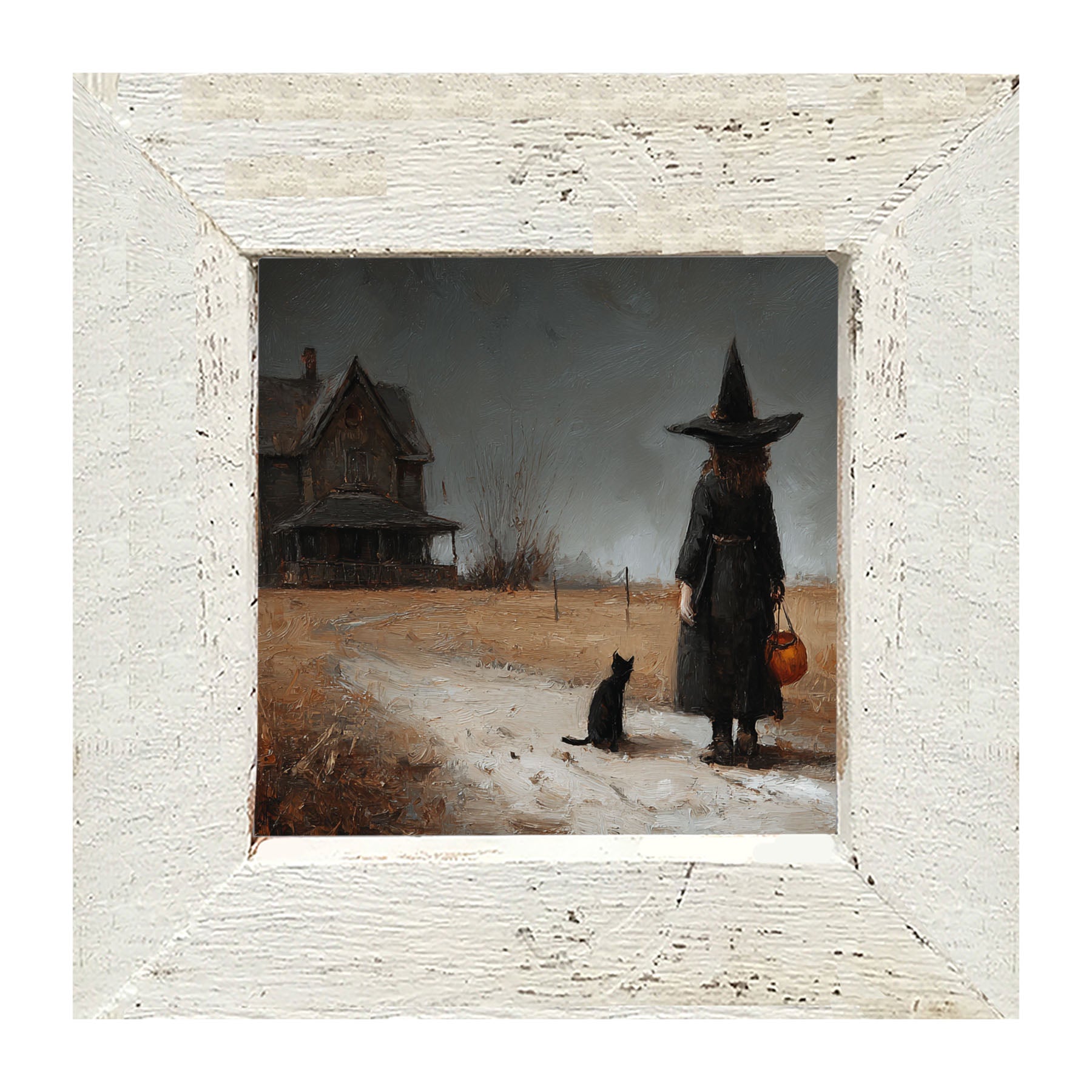 Witch with Black Cat Trick or Treating - Square - Framed Art