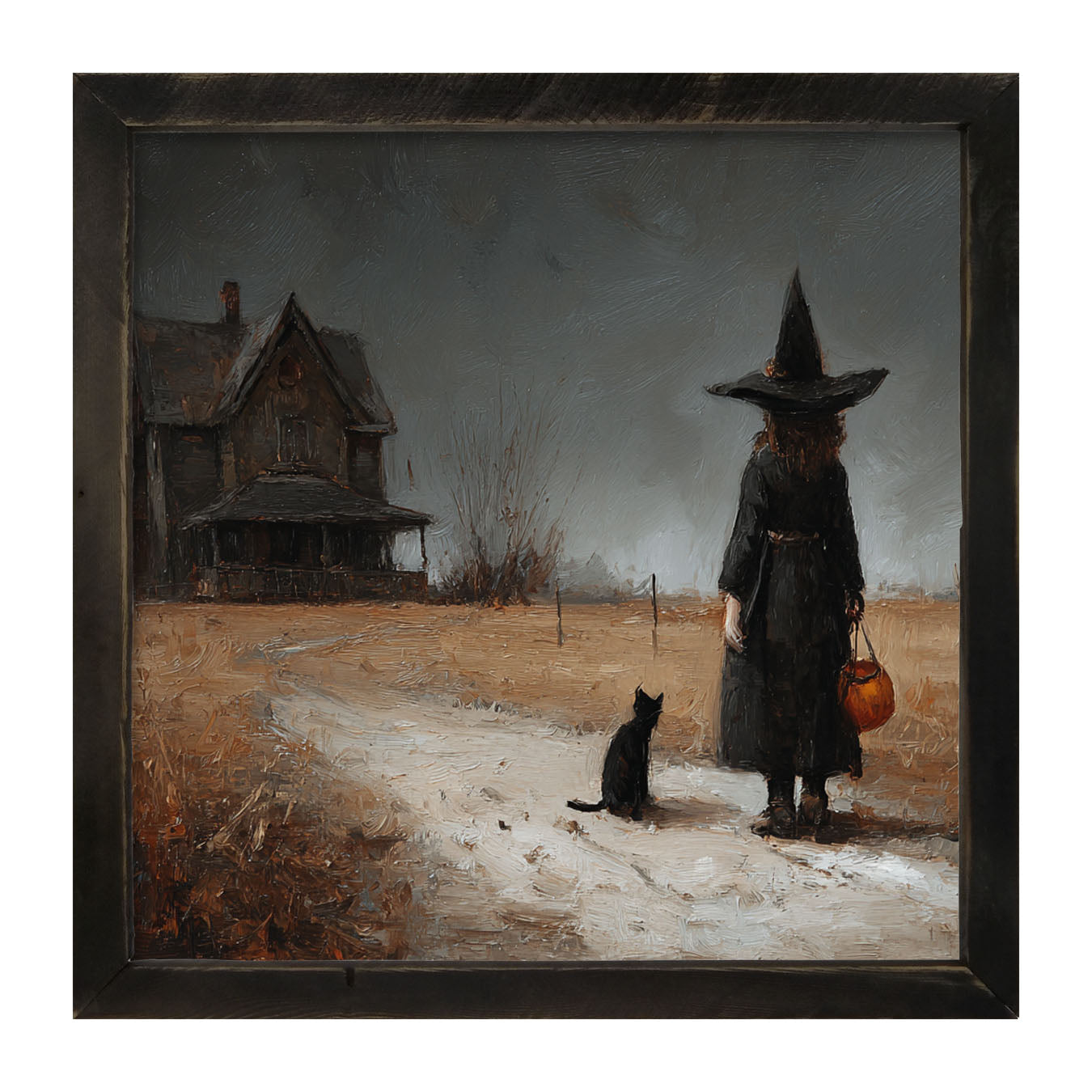 Witch with Black Cat Trick or Treating - Square - Framed Art