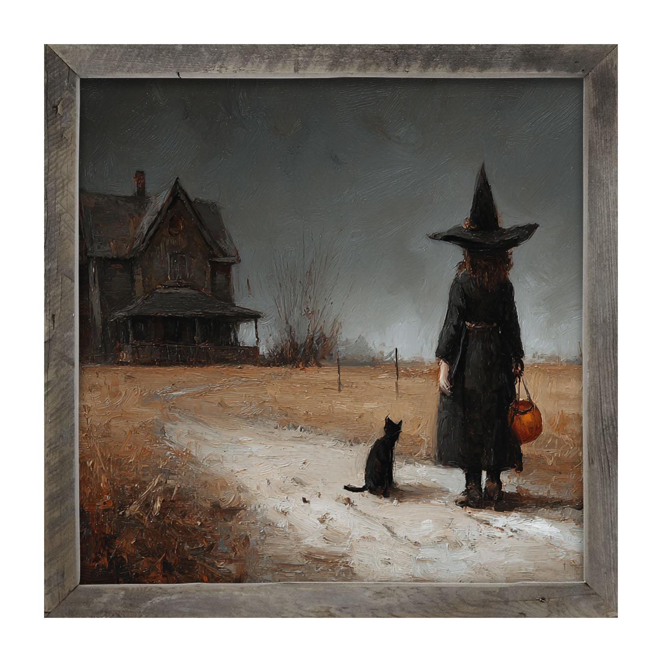 Witch with Black Cat Trick or Treating - Square - Framed Art