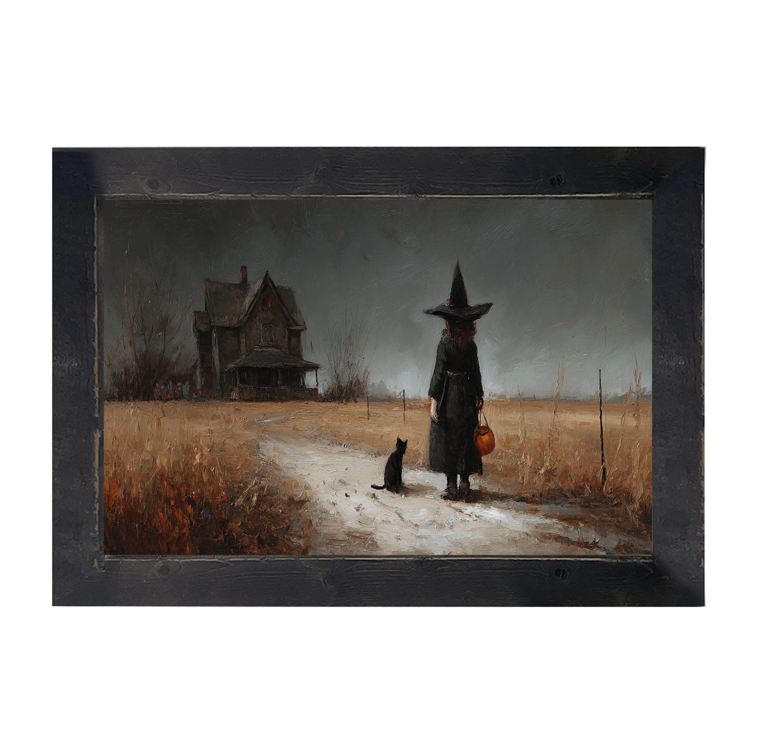 Witch with Black Cat Trick or Treating - Horizontal - Framed Art