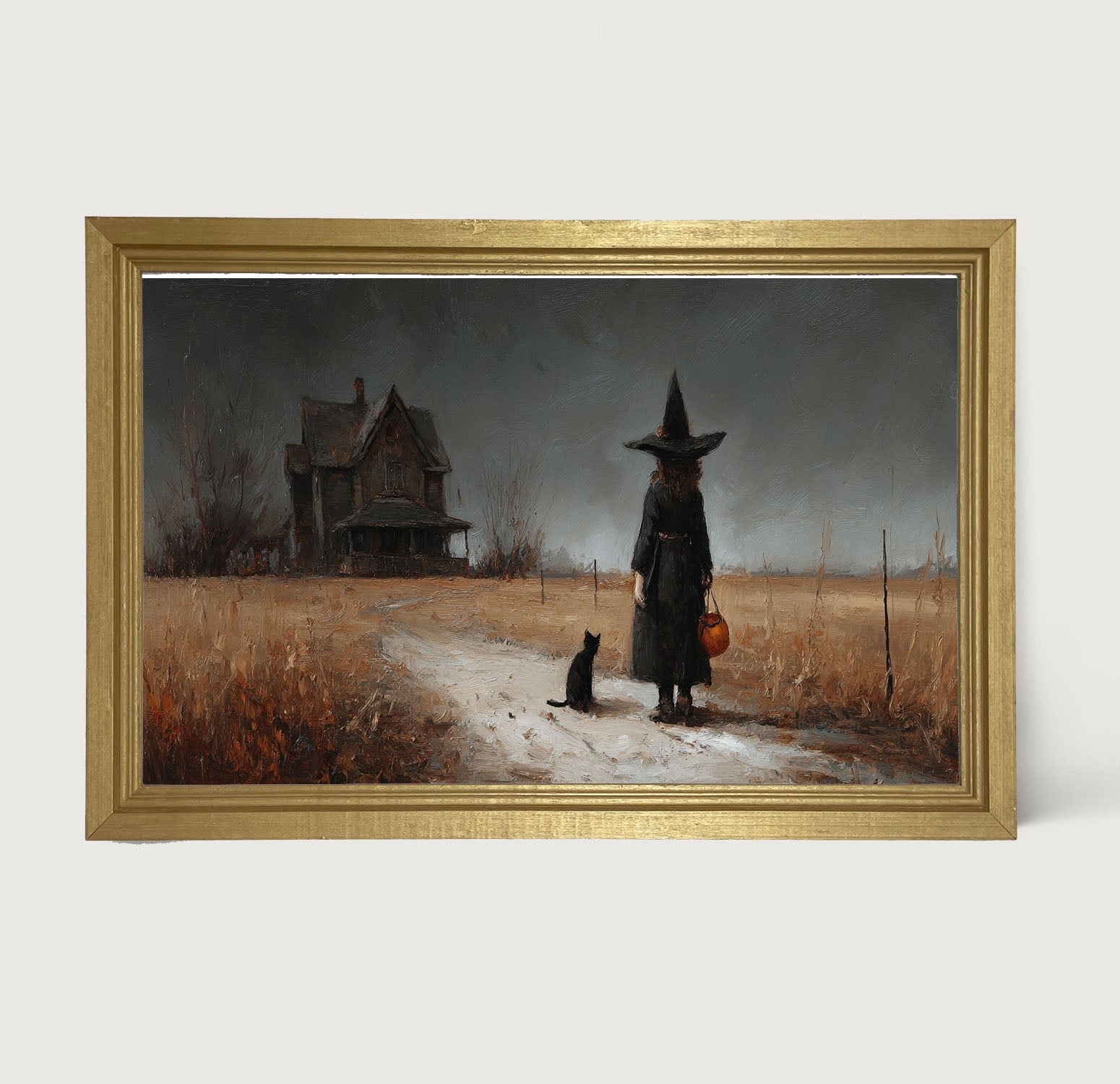 Witch with Black Cat Trick or Treating - Horizontal - Framed Art