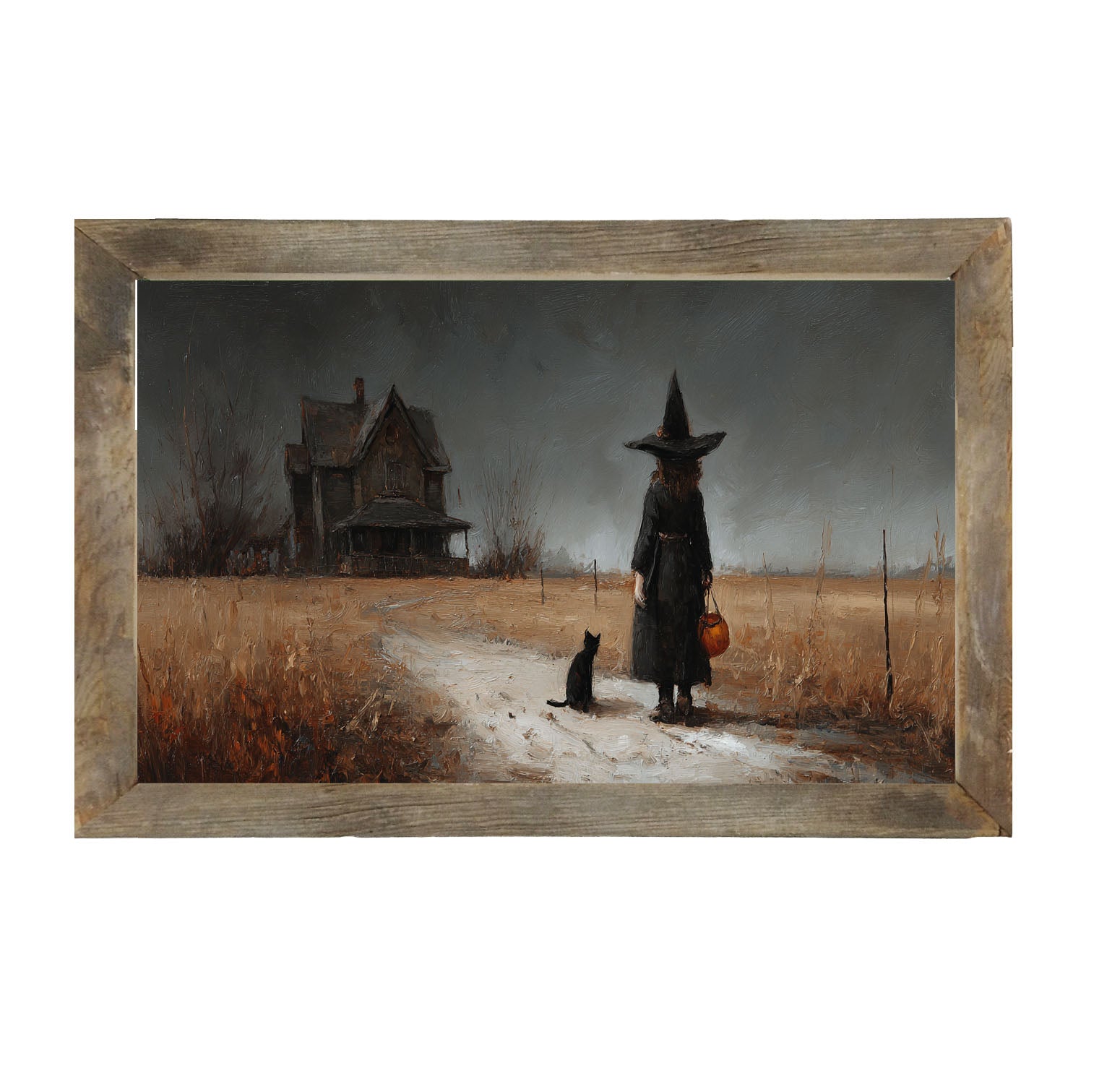 Witch with Black Cat Trick or Treating - Horizontal - Framed Art