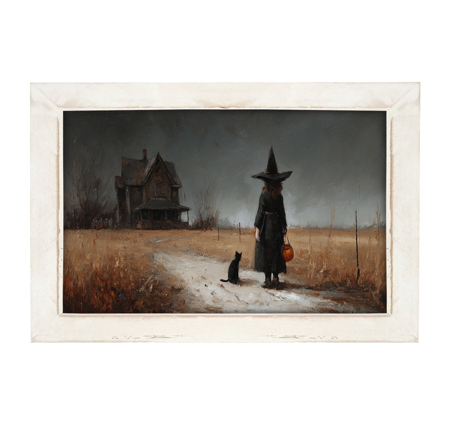 Witch with Black Cat Trick or Treating - Horizontal - Framed Art