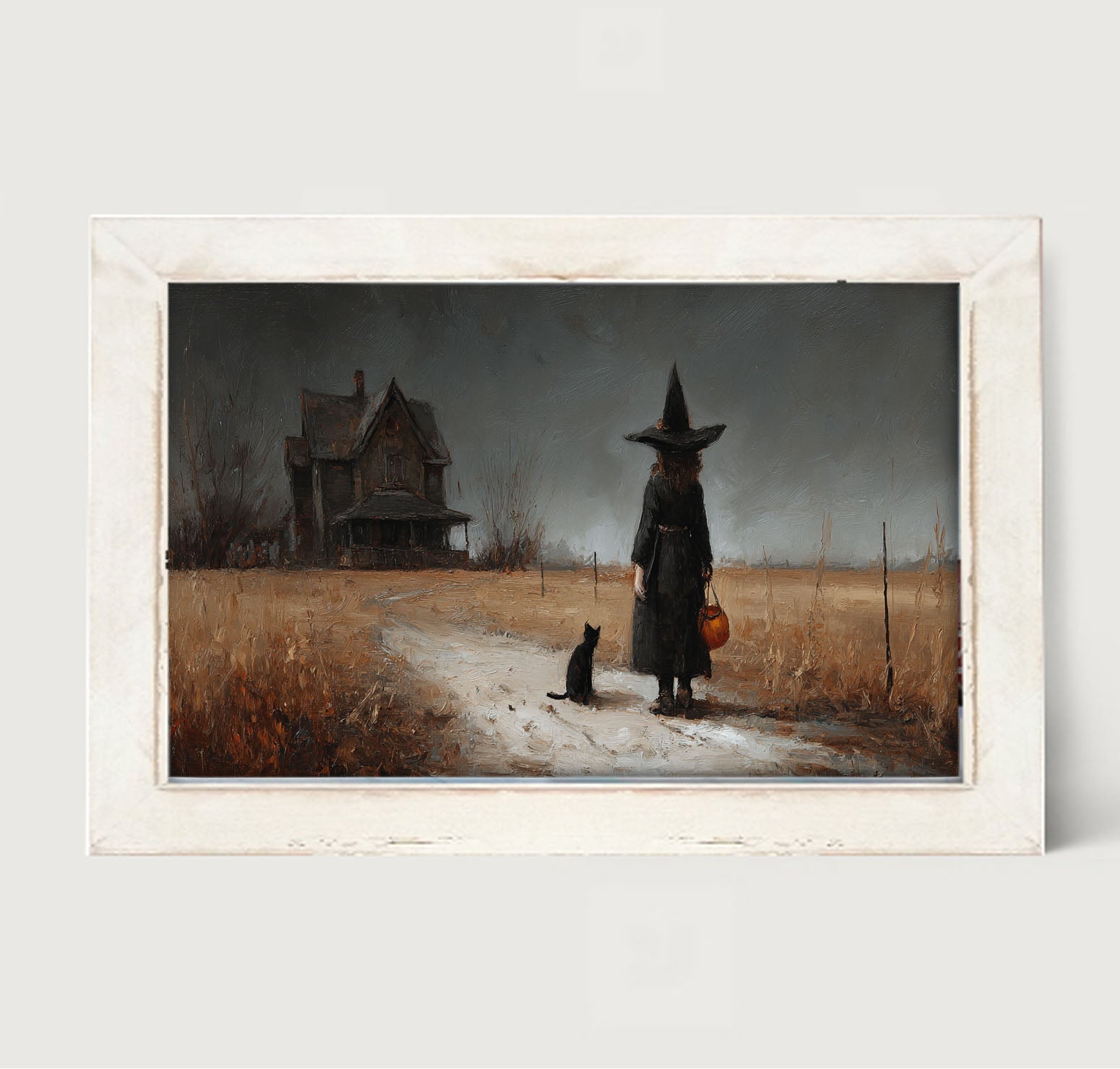 Witch with Black Cat Trick or Treating - Horizontal - Framed Art