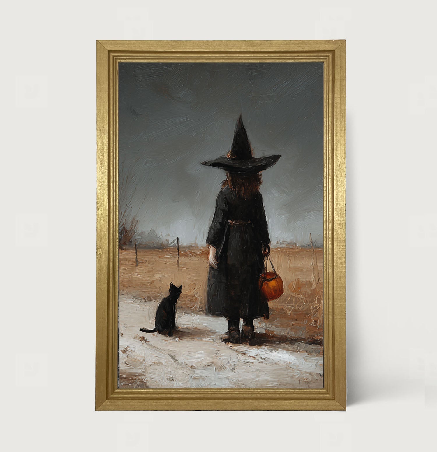 Witch with Black Cat Trick or Treating - Vertical - Framed Art
