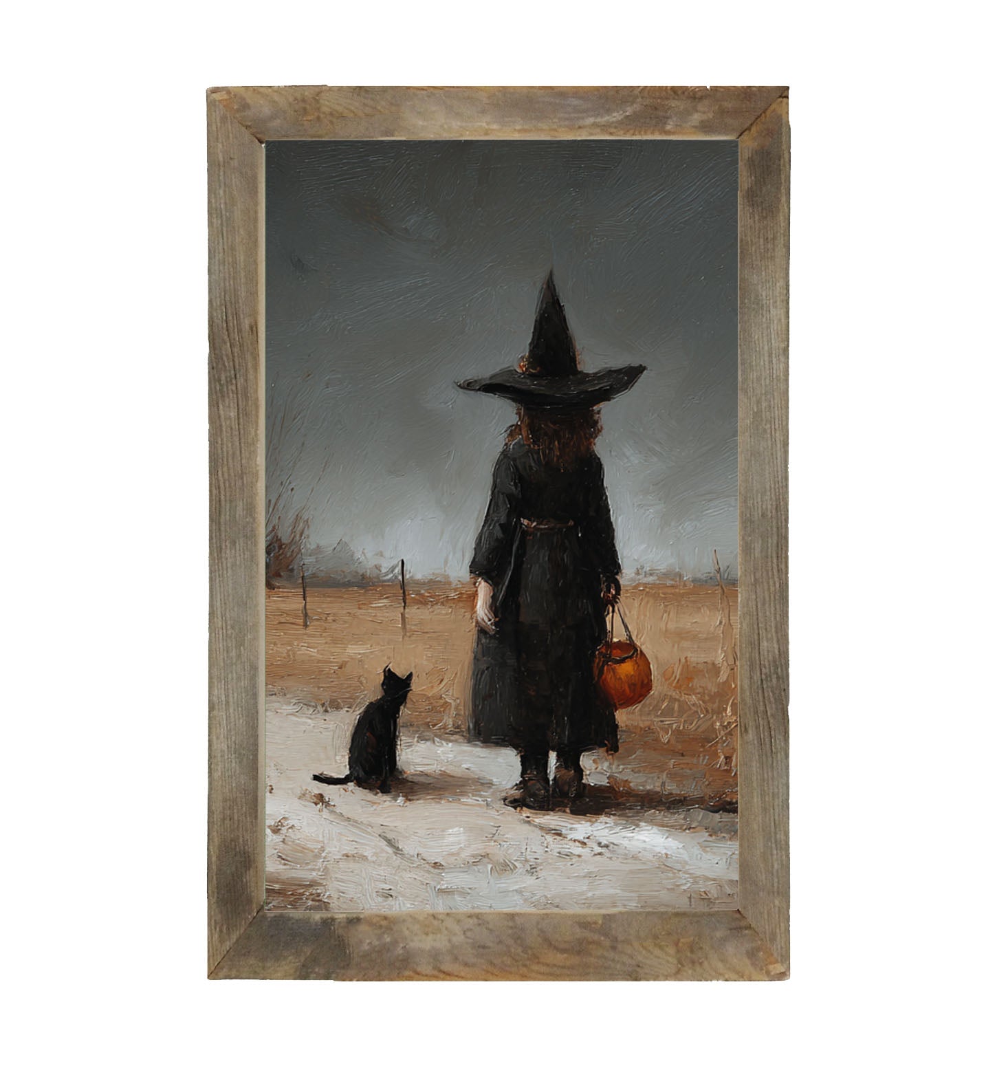 Witch with Black Cat Trick or Treating - Vertical - Framed Art