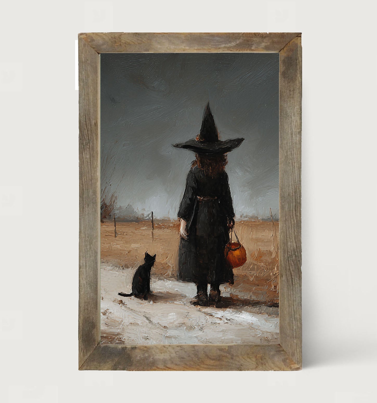 Witch with Black Cat Trick or Treating - Vertical - Framed Art