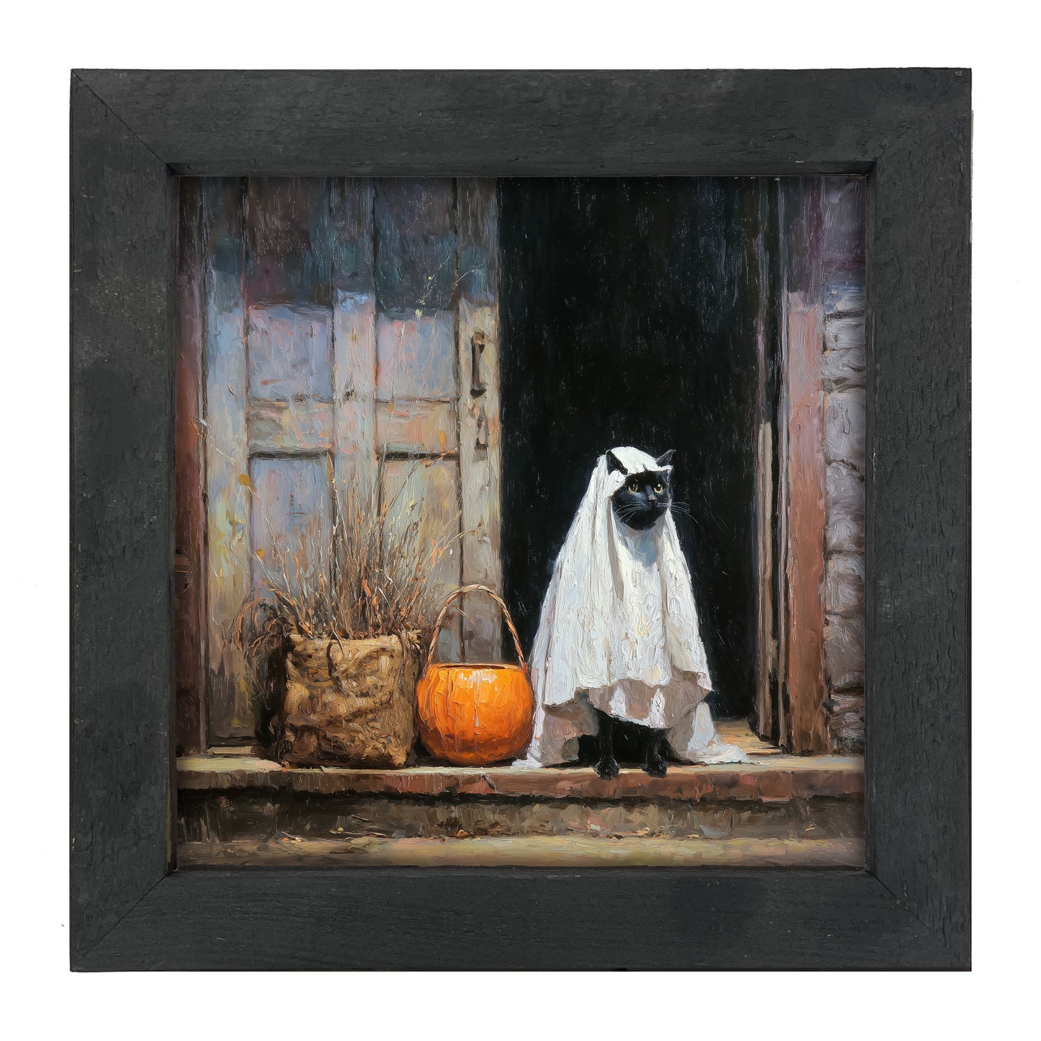 Trick or Treating Pets - Cat at the Door - Framed Art