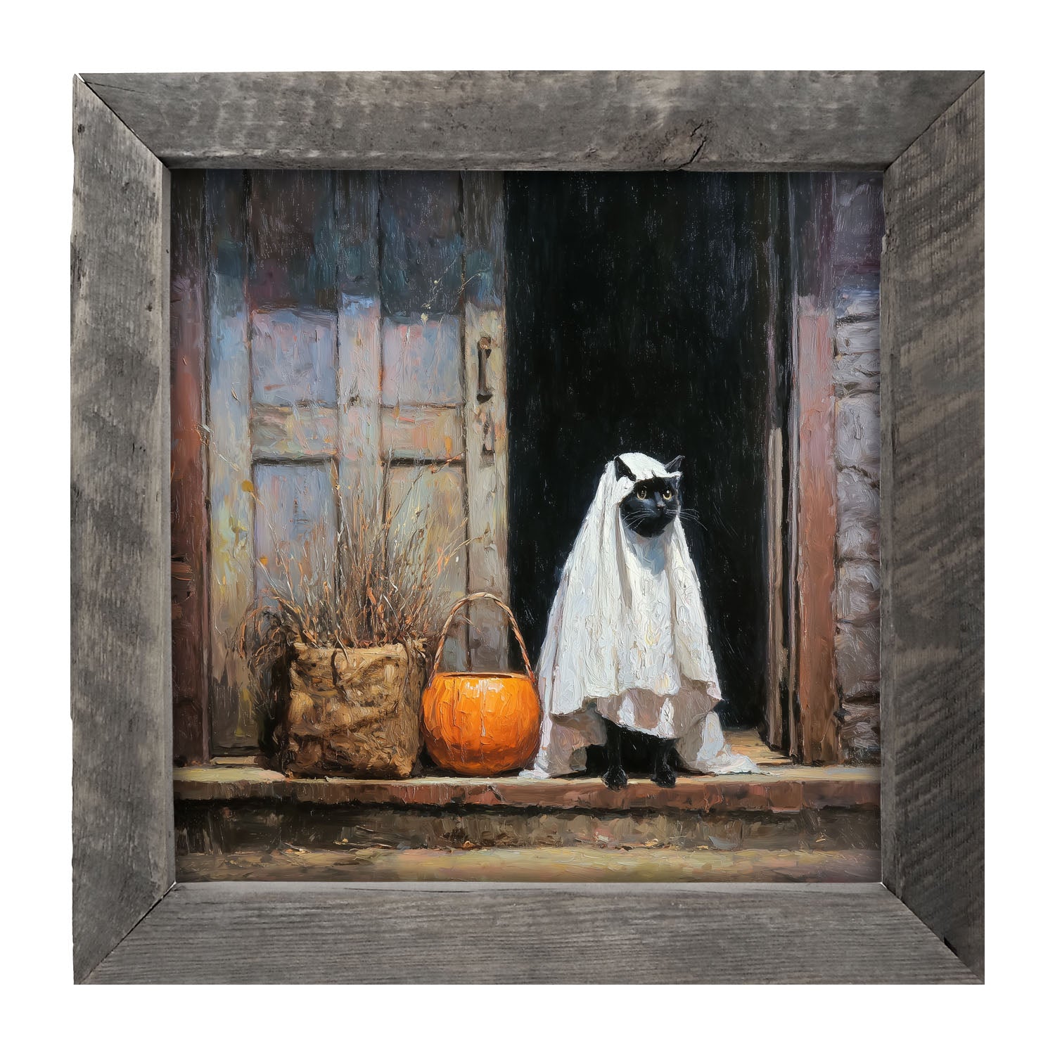 Trick or Treating Pets - Cat at the Door - Framed Art