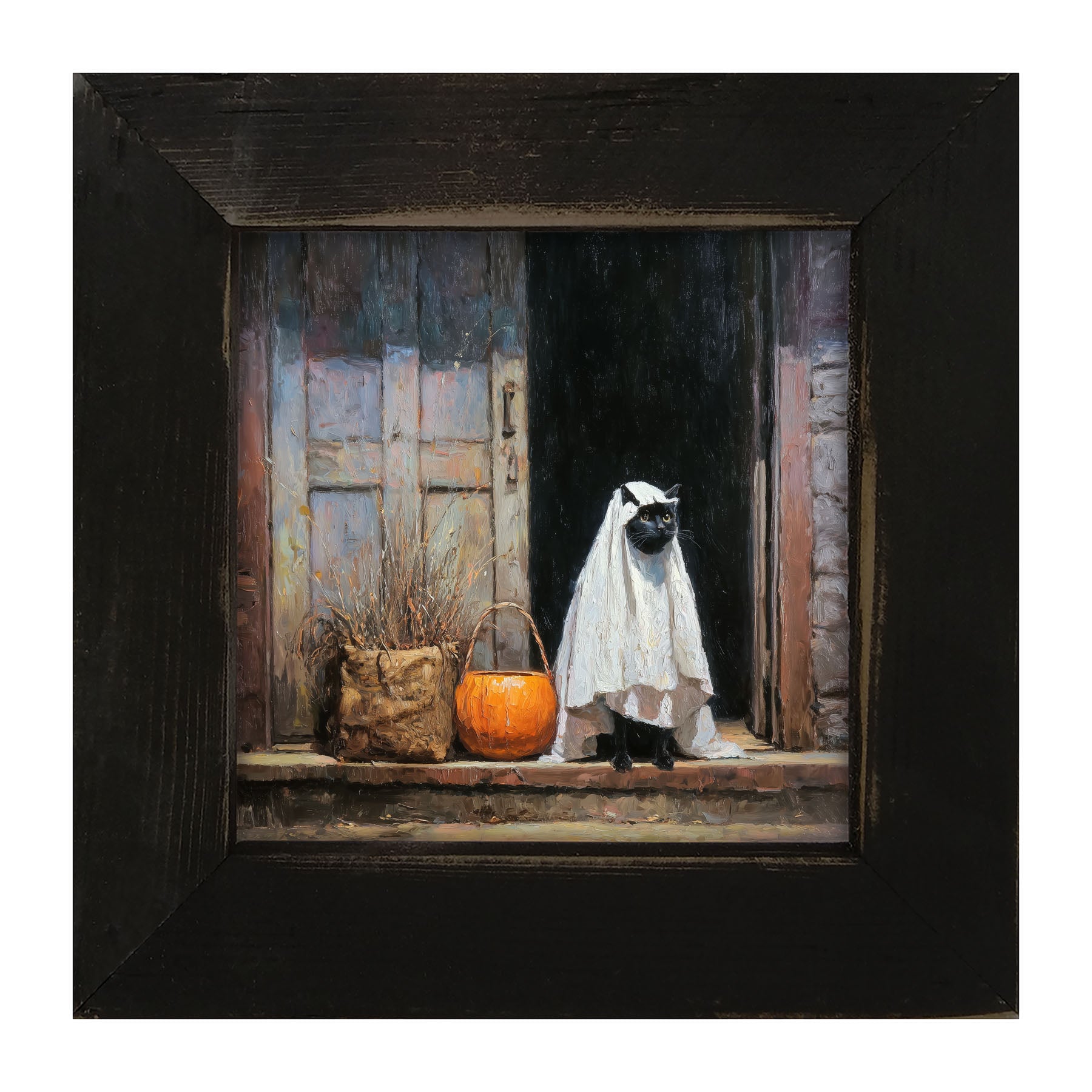Trick or Treating Pets - Cat at the Door - Framed Art