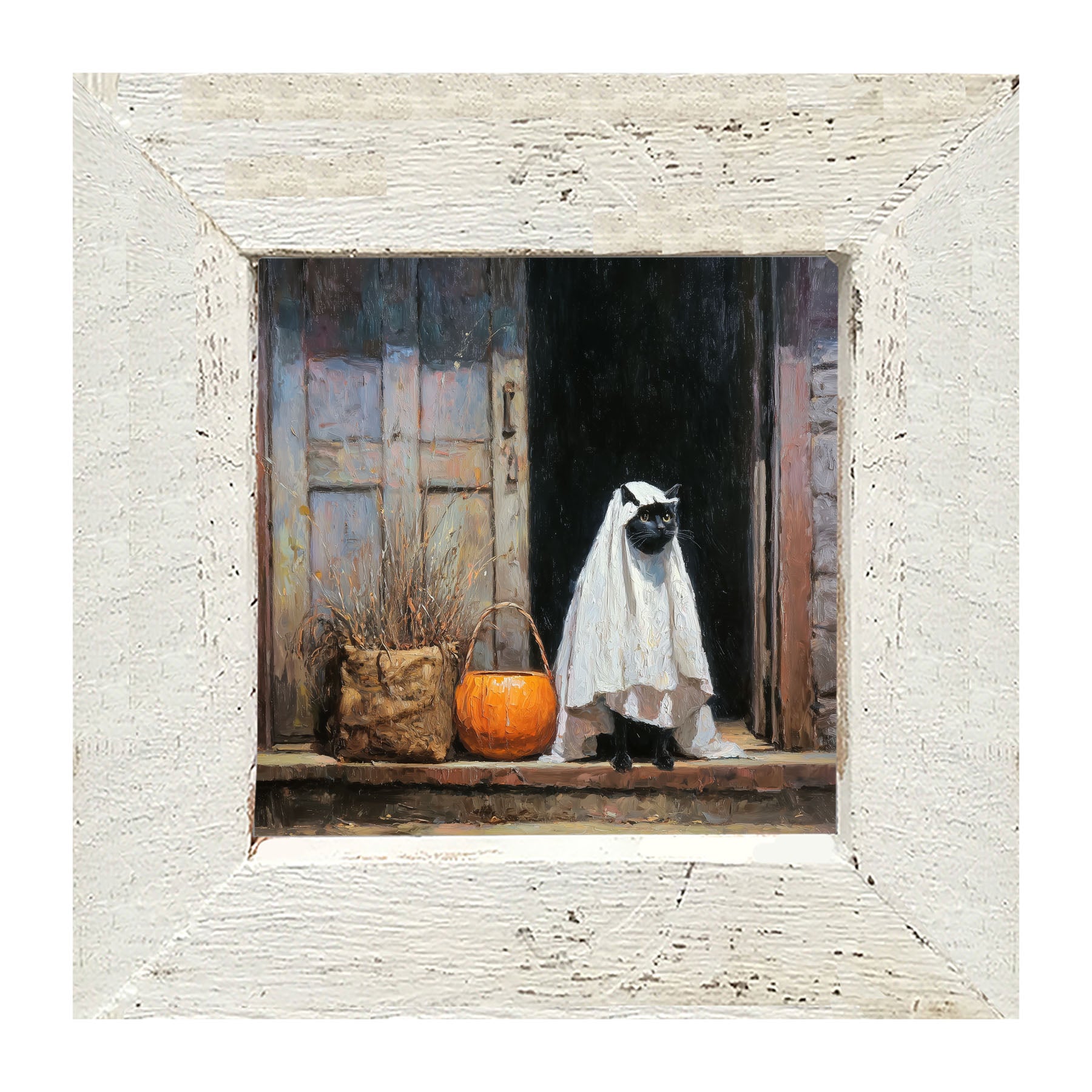 Trick or Treating Pets - Cat at the Door - Framed Art
