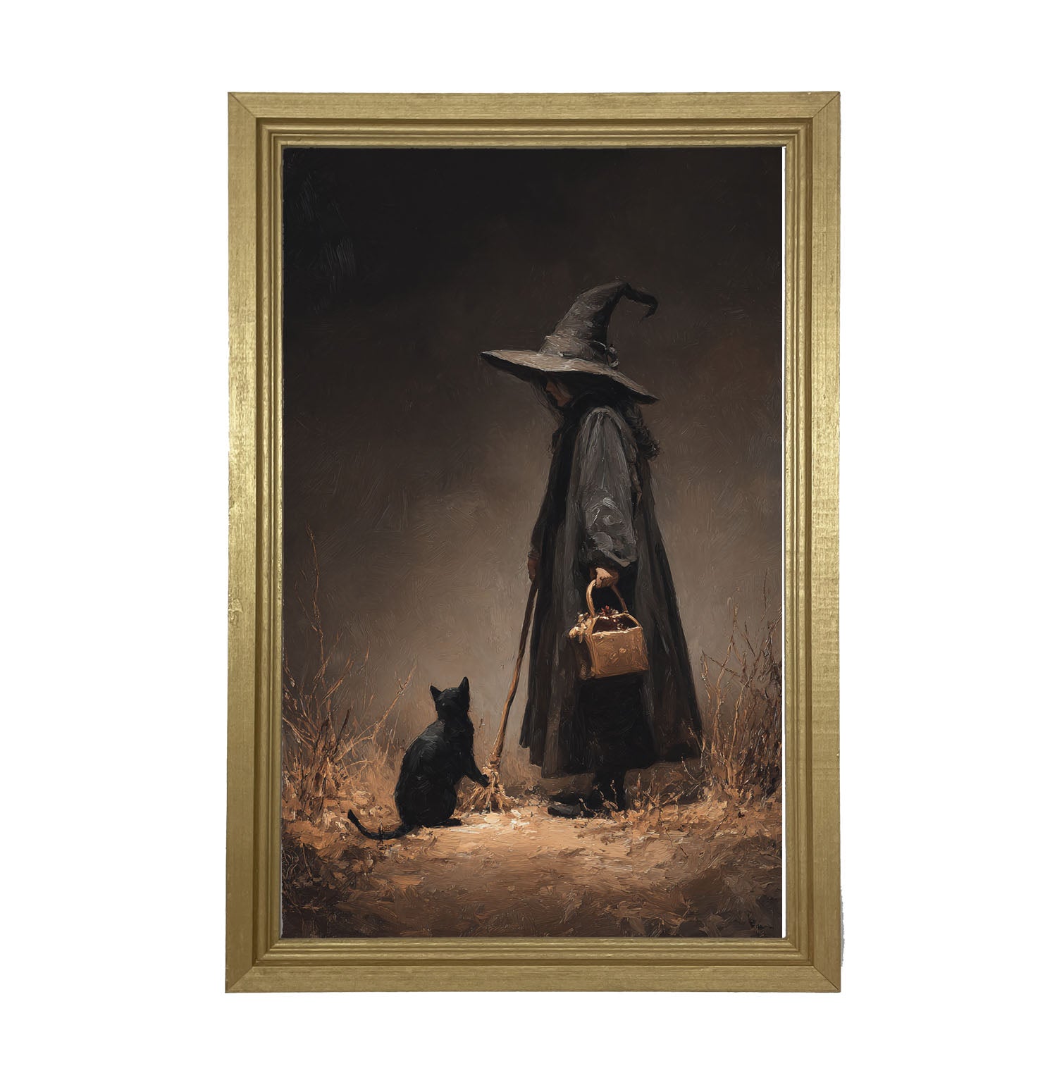 Witch with Black Cat on Path - Framed Art