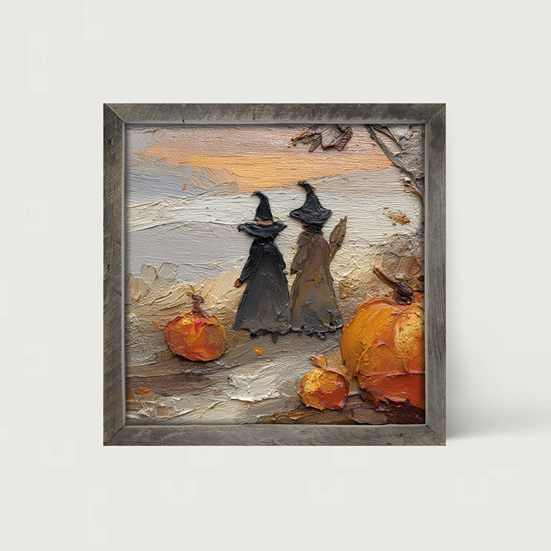 Two Witches with Pumpkins - Framed Art