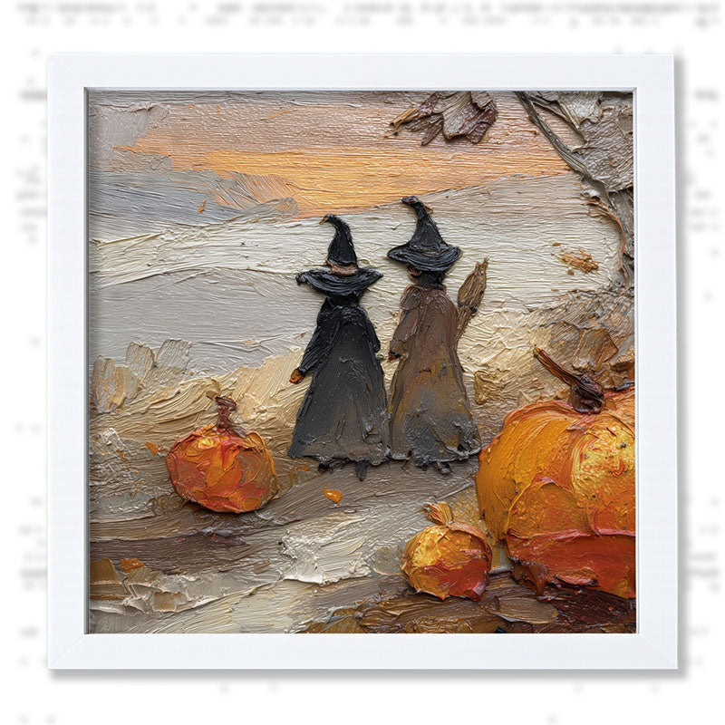 Two Witches with Pumpkins - Framed Art
