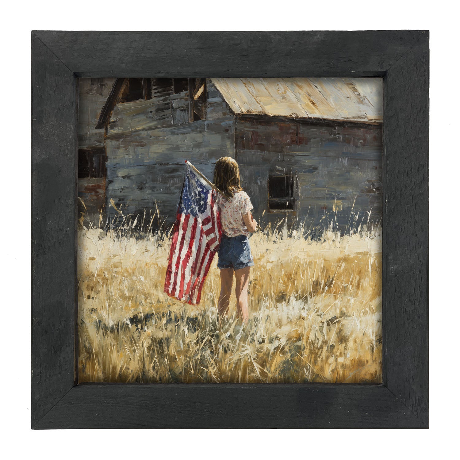 Child With Flag - Girl at Barn - Framed Art