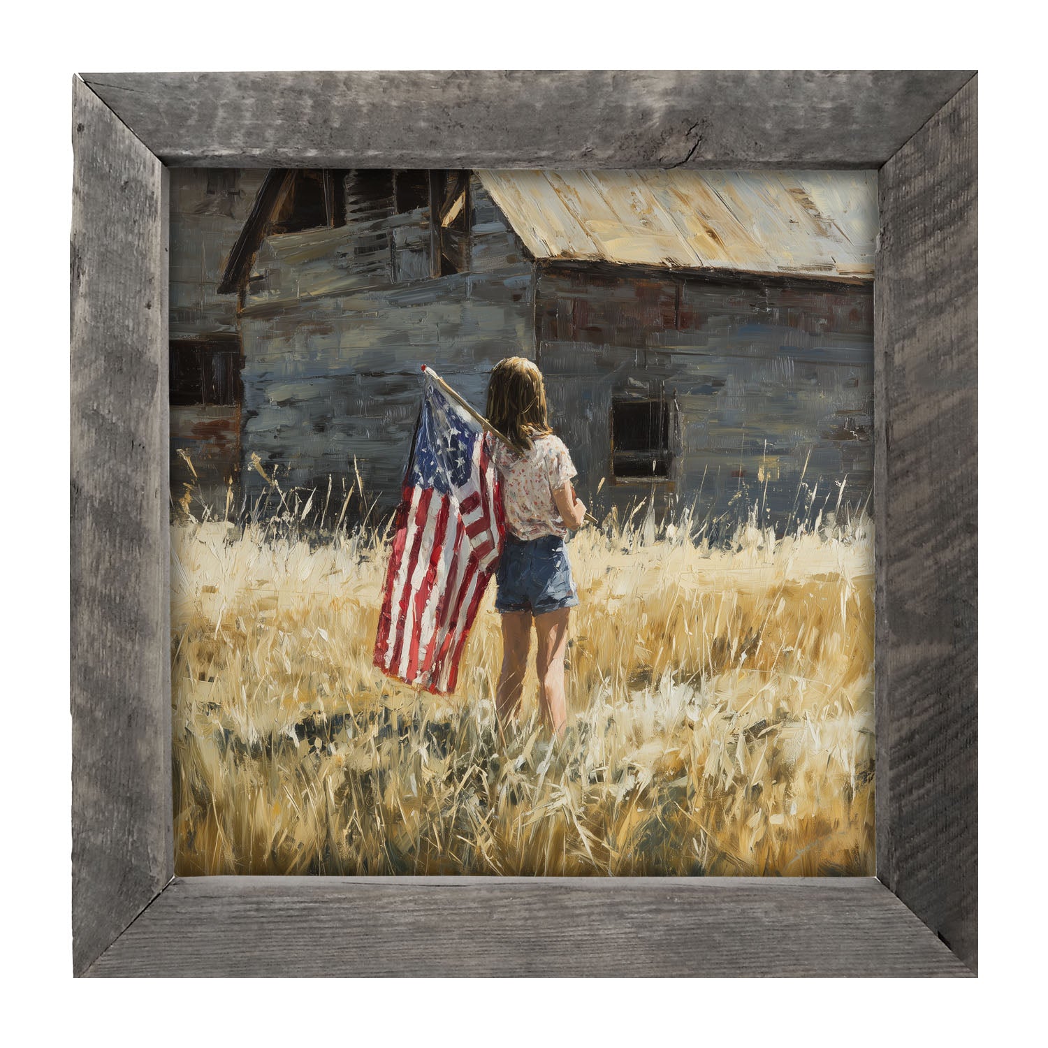 Child With Flag - Girl at Barn - Framed Art