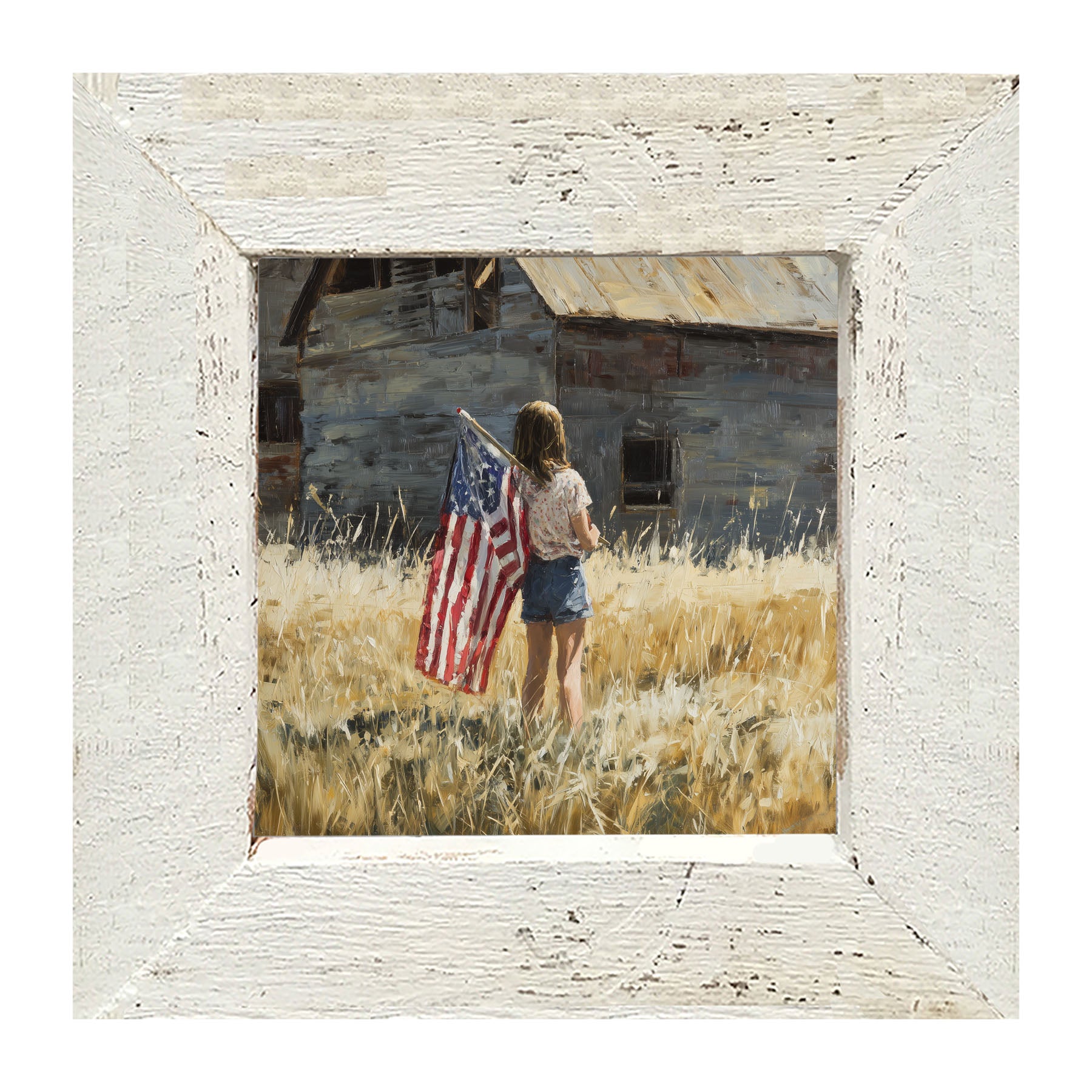 Child With Flag - Girl at Barn - Framed Art