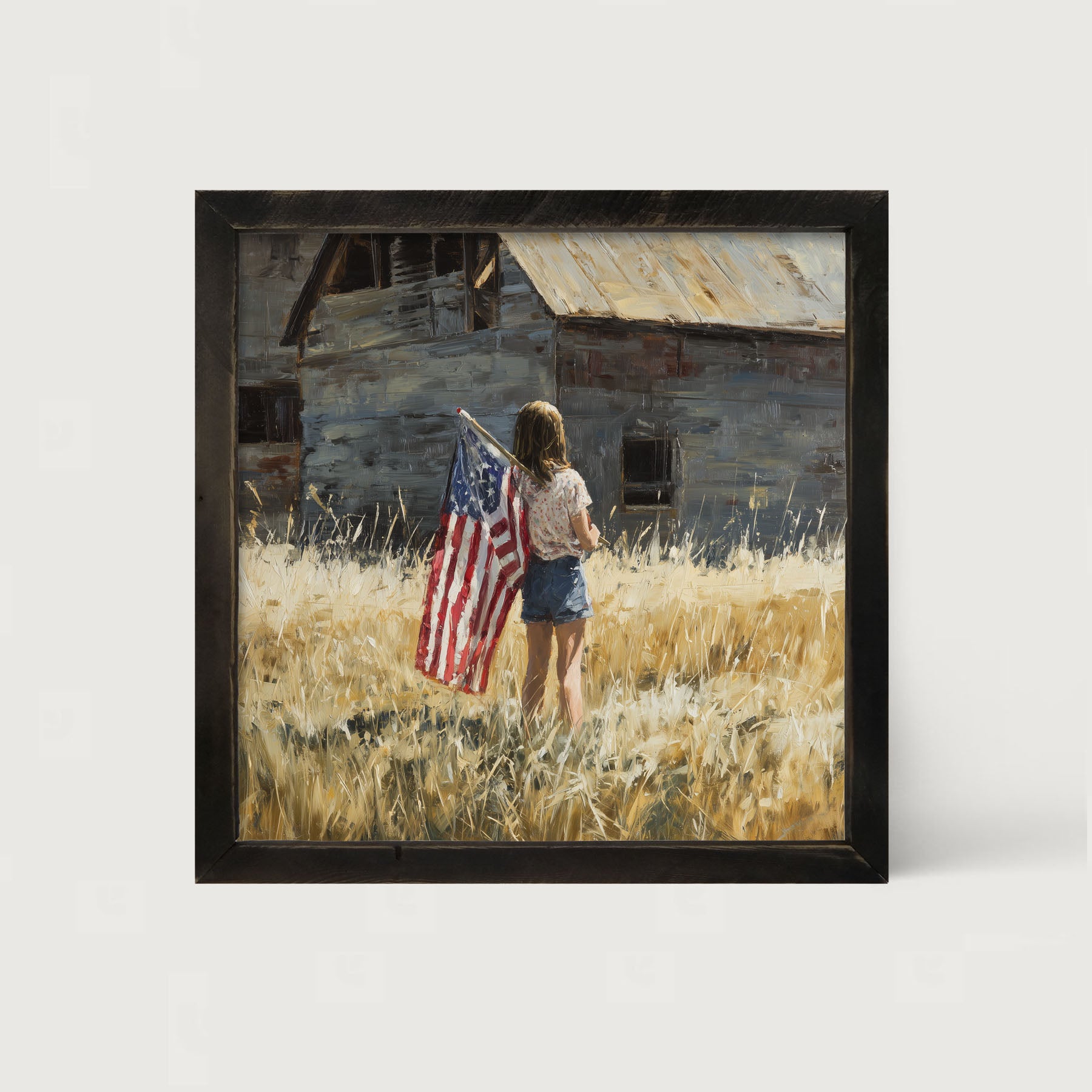 Child With Flag - Girl at Barn - Framed Art